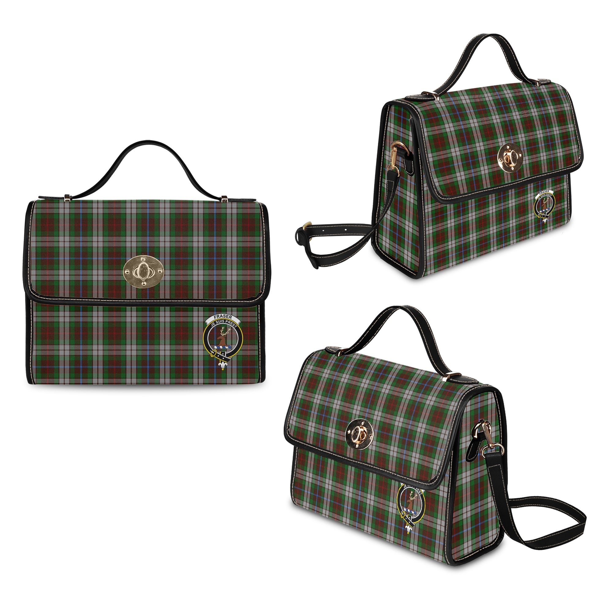 fraser-hunting-dress-tartan-leather-strap-waterproof-canvas-bag-with-family-crest