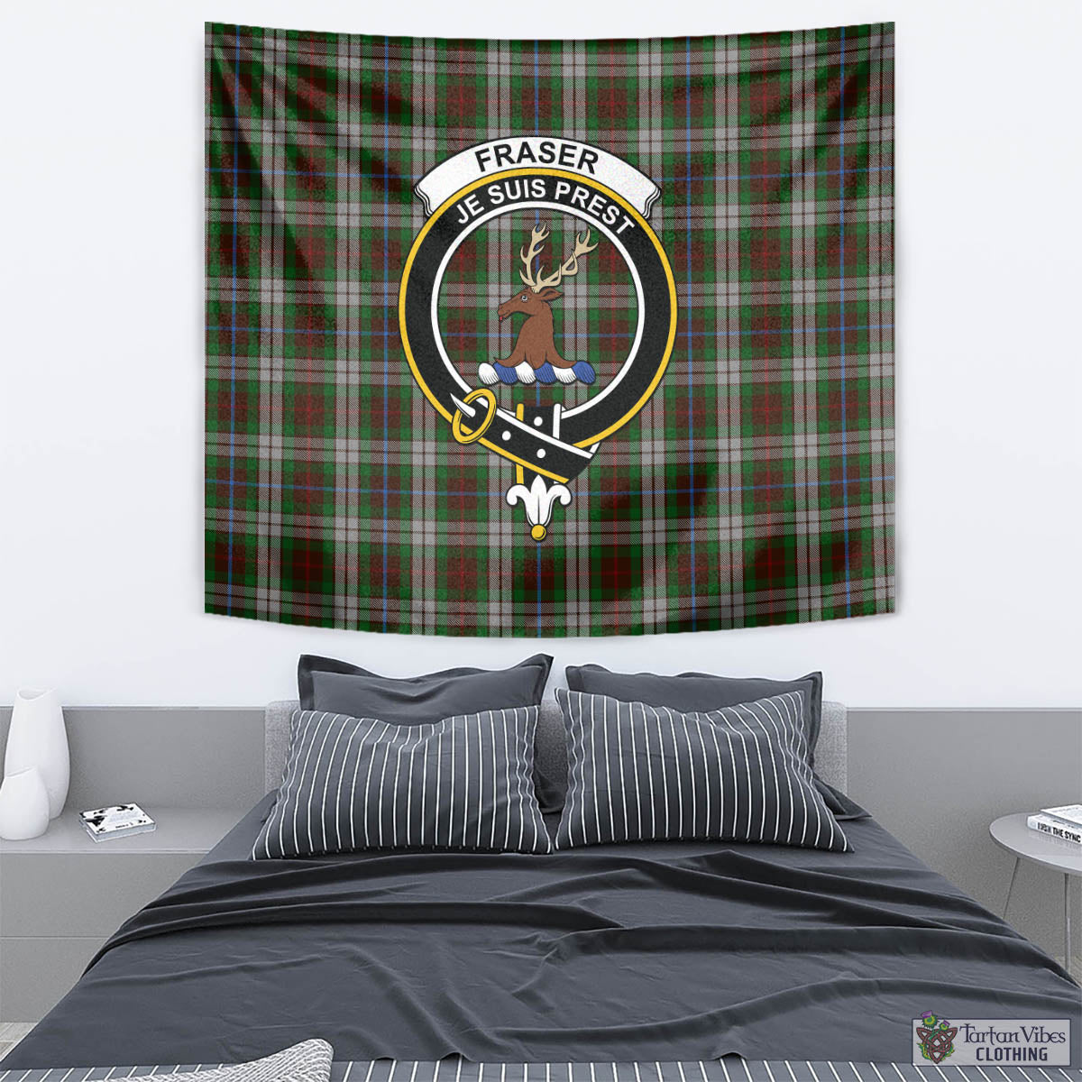 Tartan Vibes Clothing Fraser Hunting Dress Tartan Tapestry Wall Hanging and Home Decor for Room with Family Crest