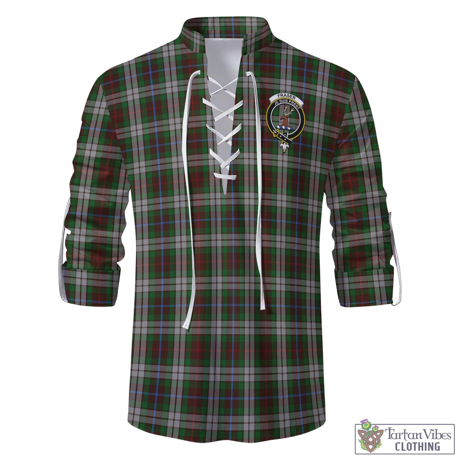 Tartan Vibes Clothing Fraser Hunting Dress Tartan Men's Scottish Traditional Jacobite Ghillie Kilt Shirt with Family Crest