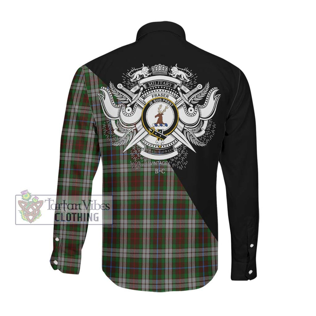 Fraser Hunting Dress Tartan Long Sleeve Button Shirt with Family Crest and Military Logo Style Men's Shirt - Tartanvibesclothing Shop