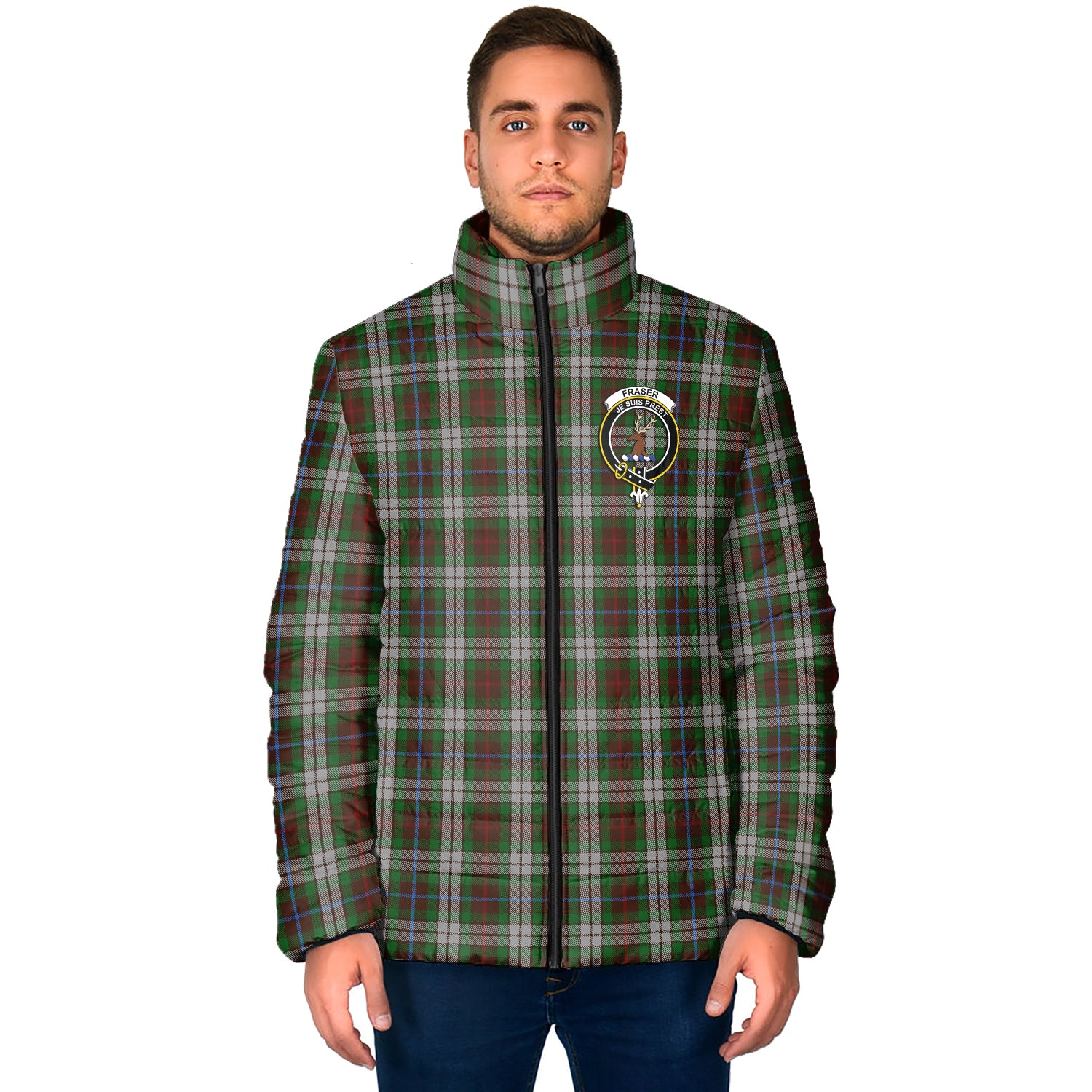 Fraser Hunting Dress Tartan Padded Jacket with Family Crest - Tartan Vibes Clothing