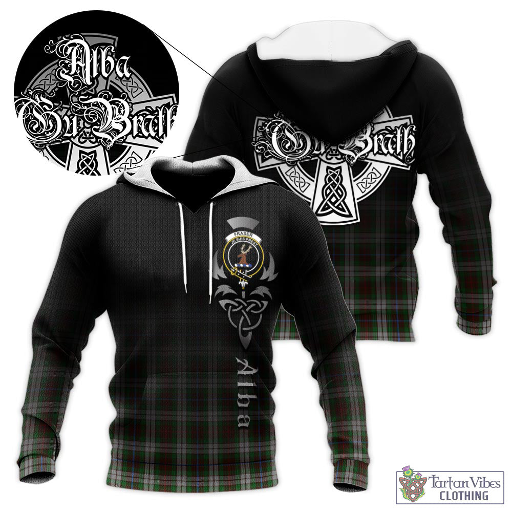 Tartan Vibes Clothing Fraser Hunting Dress Tartan Knitted Hoodie Featuring Alba Gu Brath Family Crest Celtic Inspired