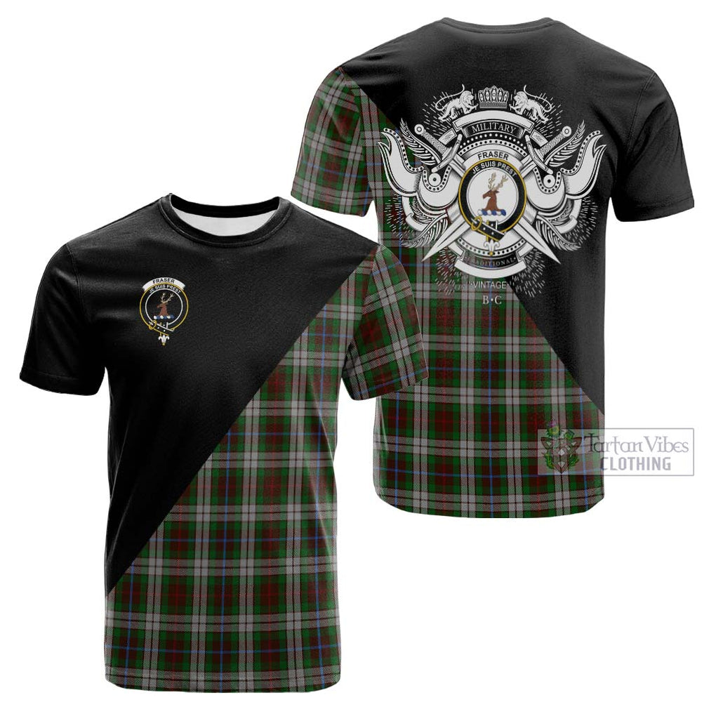 Tartan Vibes Clothing Fraser Hunting Dress Tartan Cotton T-shirt with Family Crest and Military Logo Style