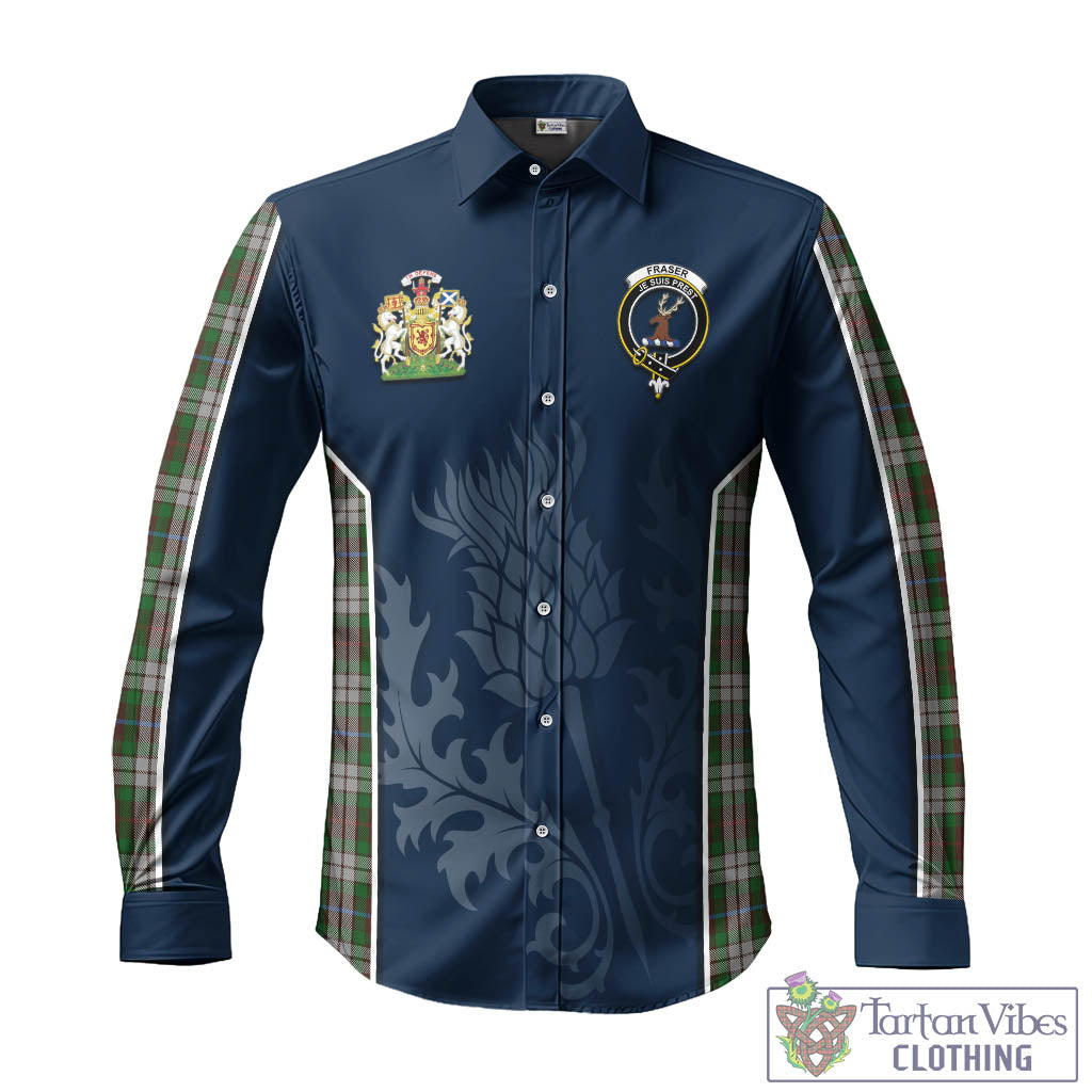 Tartan Vibes Clothing Fraser Hunting Dress Tartan Long Sleeve Button Up Shirt with Family Crest and Scottish Thistle Vibes Sport Style