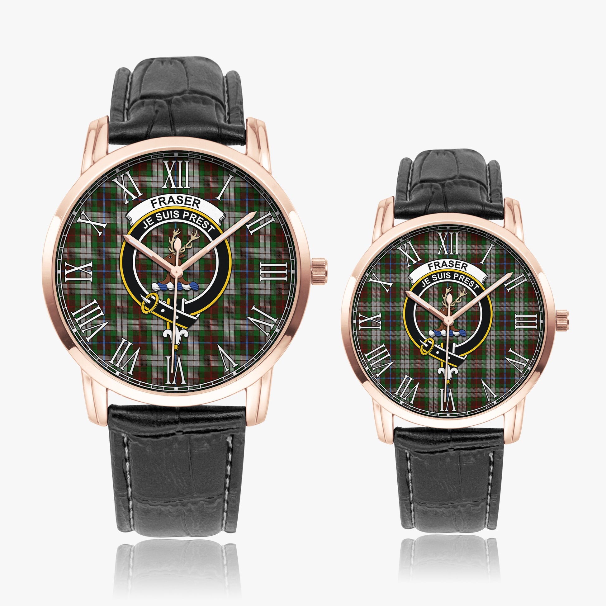 Fraser Hunting Dress Tartan Family Crest Leather Strap Quartz Watch - Tartanvibesclothing