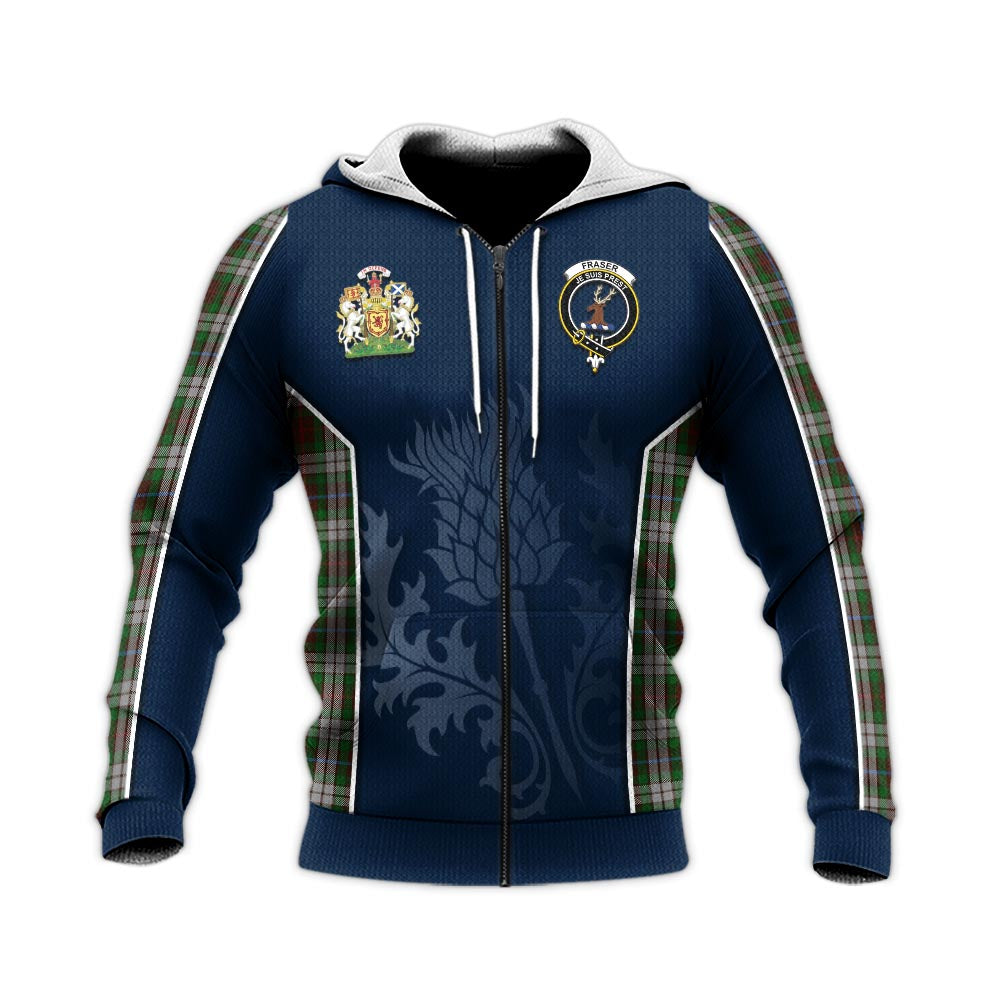 Tartan Vibes Clothing Fraser Hunting Dress Tartan Knitted Hoodie with Family Crest and Scottish Thistle Vibes Sport Style