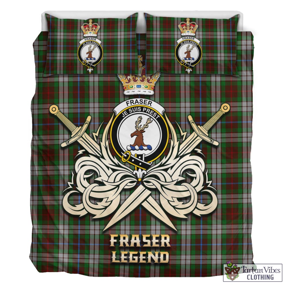 Tartan Vibes Clothing Fraser Hunting Dress Tartan Bedding Set with Clan Crest and the Golden Sword of Courageous Legacy