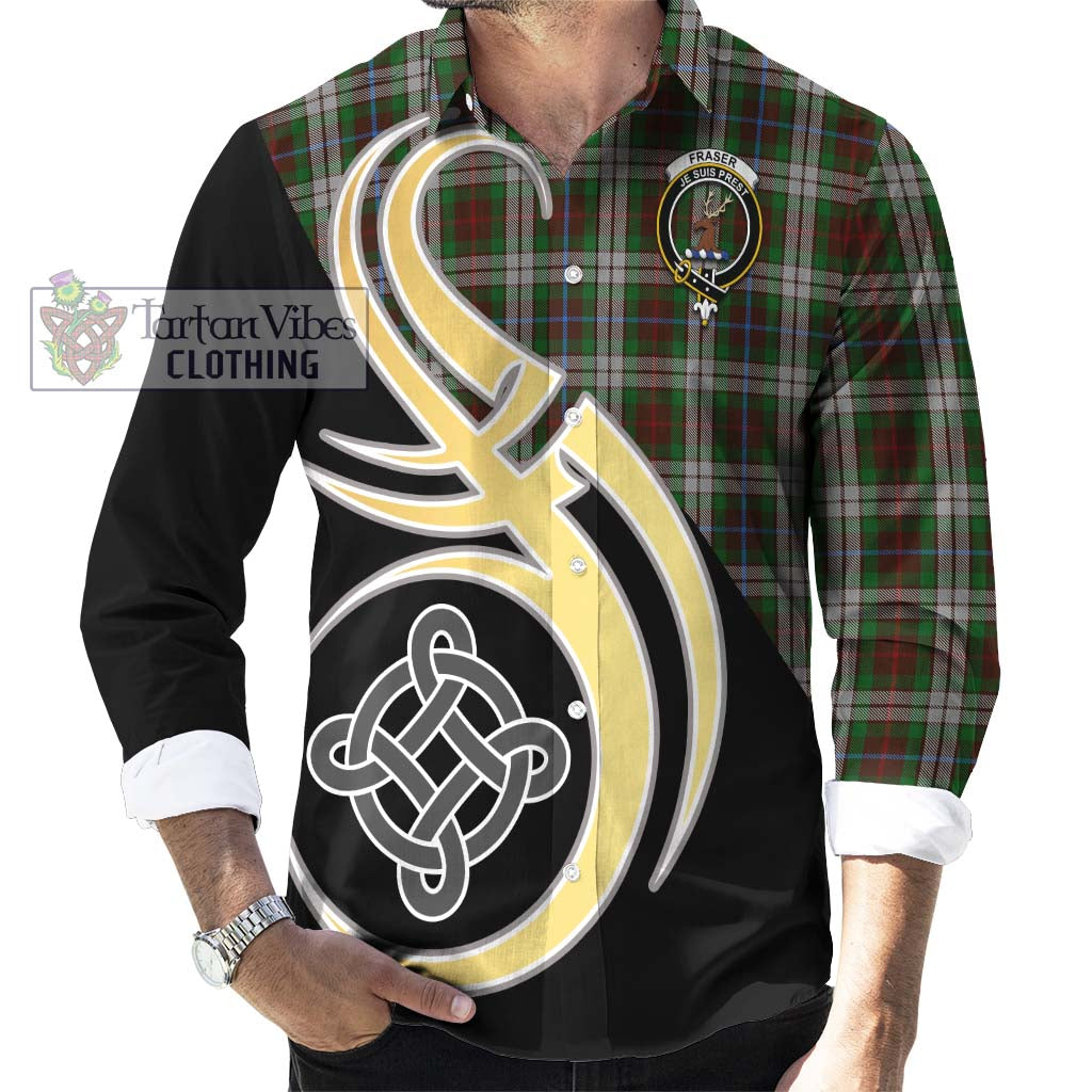 Fraser Hunting Dress Tartan Long Sleeve Button Shirt with Family Crest and Celtic Symbol Style - Tartan Vibes Clothing