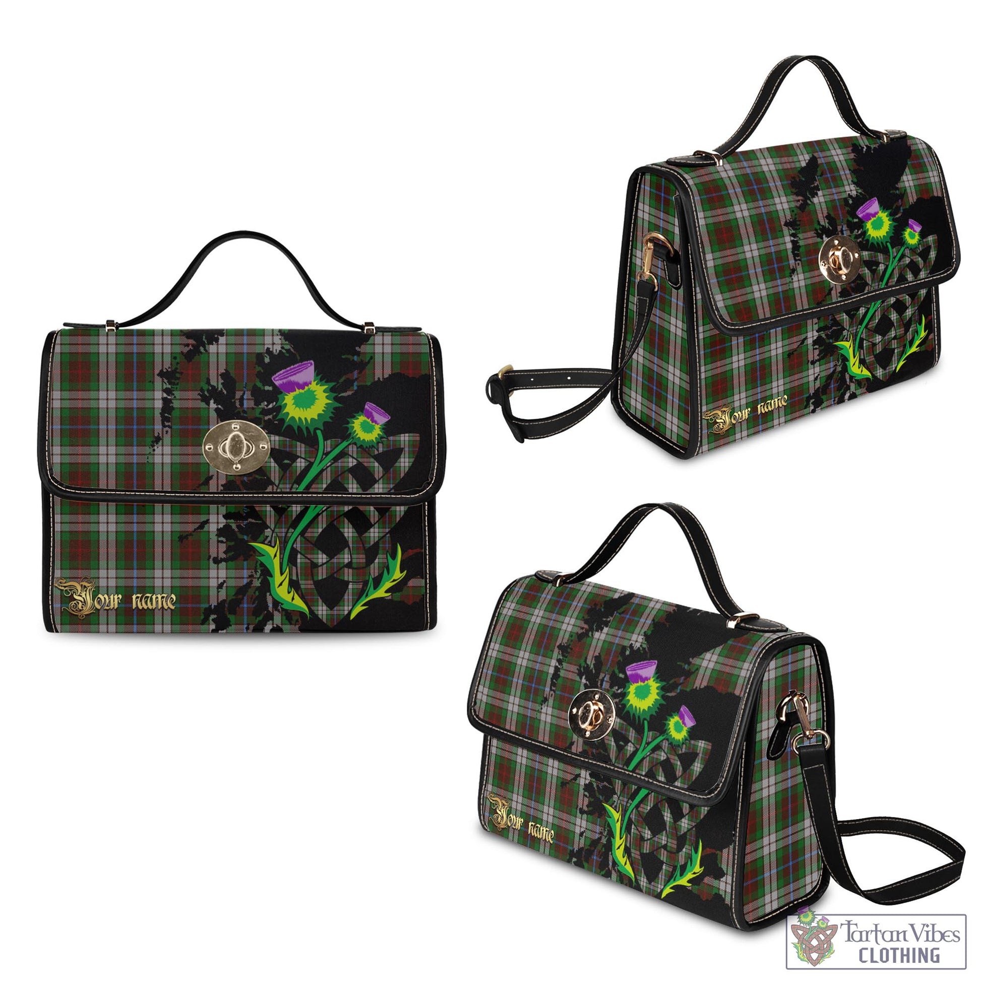 Tartan Vibes Clothing Fraser Hunting Dress Tartan Waterproof Canvas Bag with Scotland Map and Thistle Celtic Accents