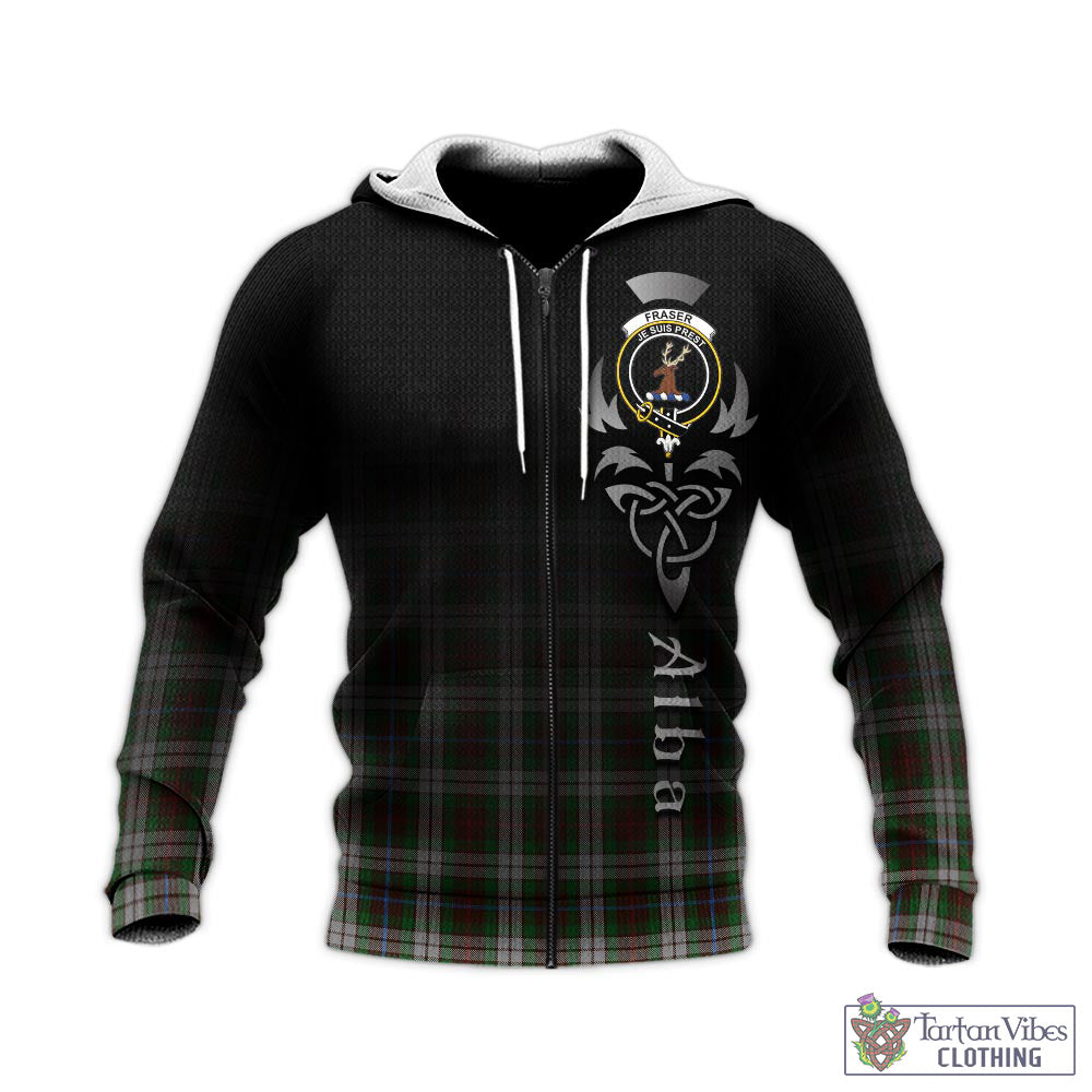 Tartan Vibes Clothing Fraser Hunting Dress Tartan Knitted Hoodie Featuring Alba Gu Brath Family Crest Celtic Inspired