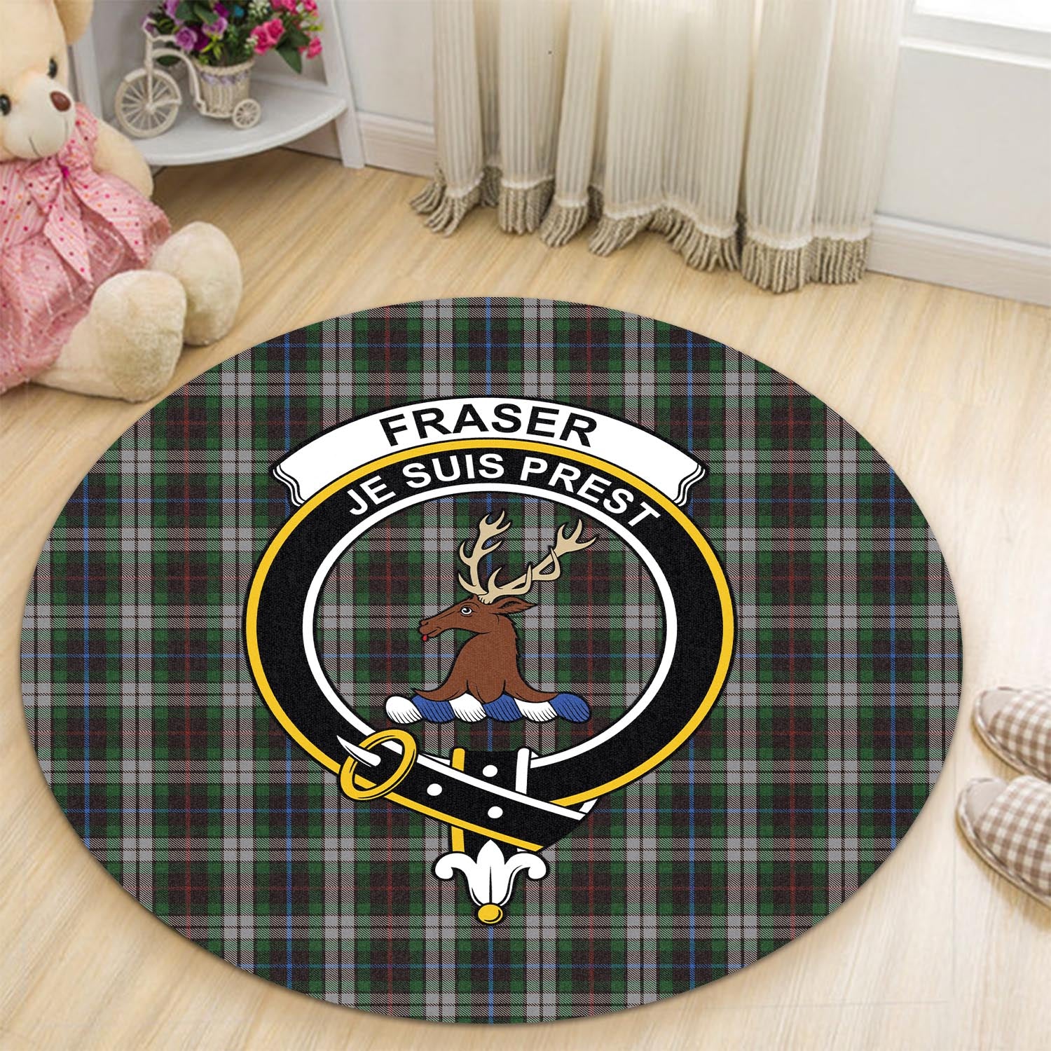 fraser-hunting-dress-tartan-round-rug-with-family-crest