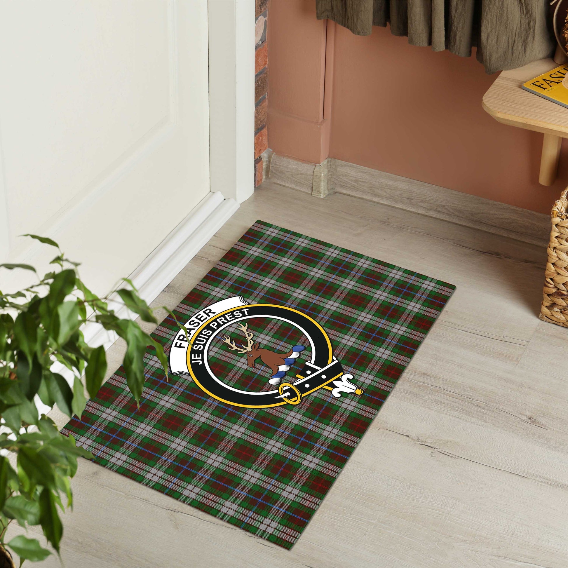 Fraser Hunting Dress Tartan Door Mat with Family Crest - Tartanvibesclothing