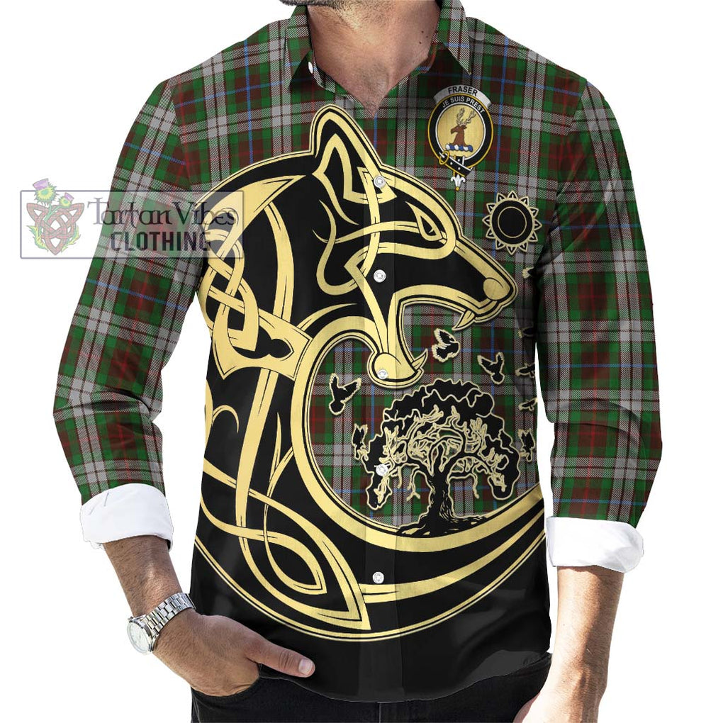 Fraser Hunting Dress Tartan Long Sleeve Button Shirt with Family Crest Celtic Wolf Style - Tartan Vibes Clothing