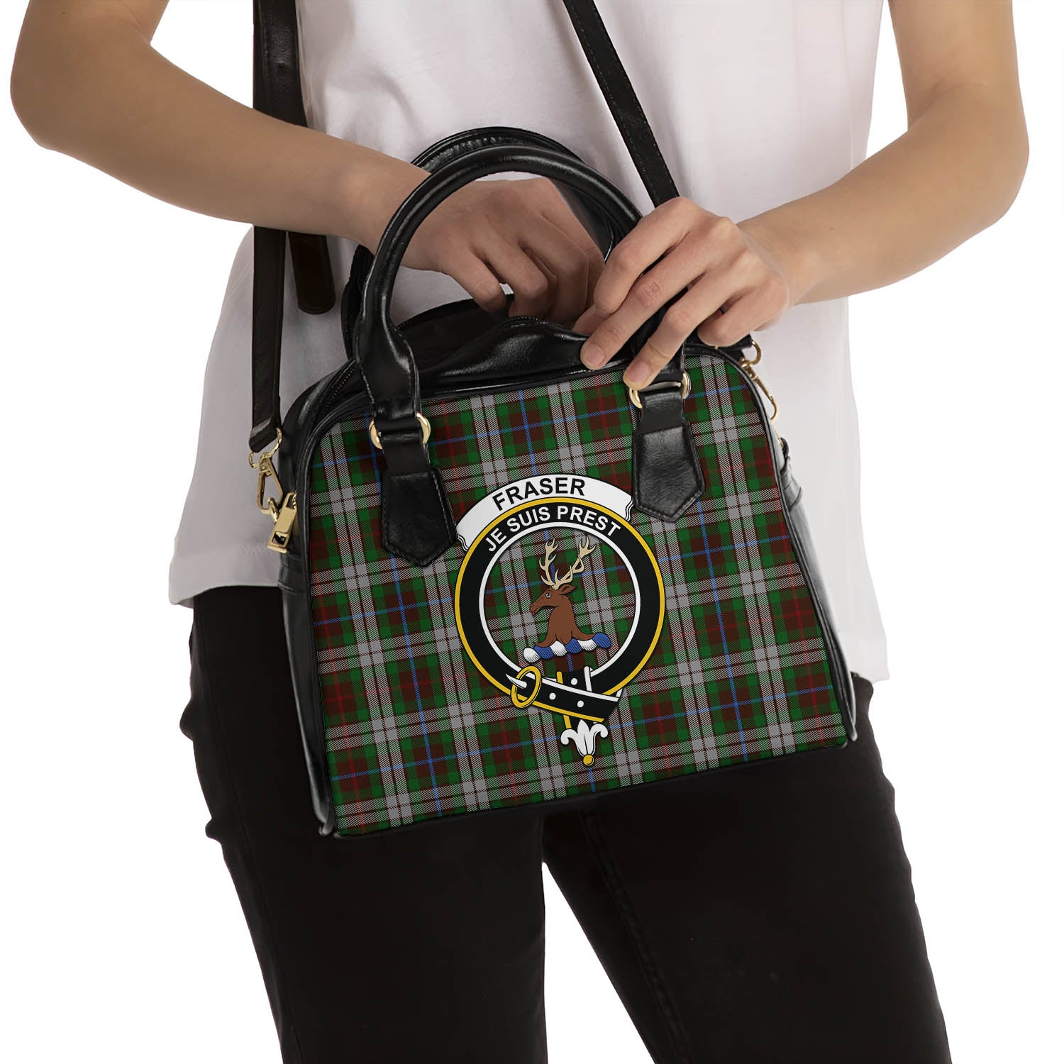 Fraser Hunting Dress Tartan Shoulder Handbags with Family Crest - Tartanvibesclothing