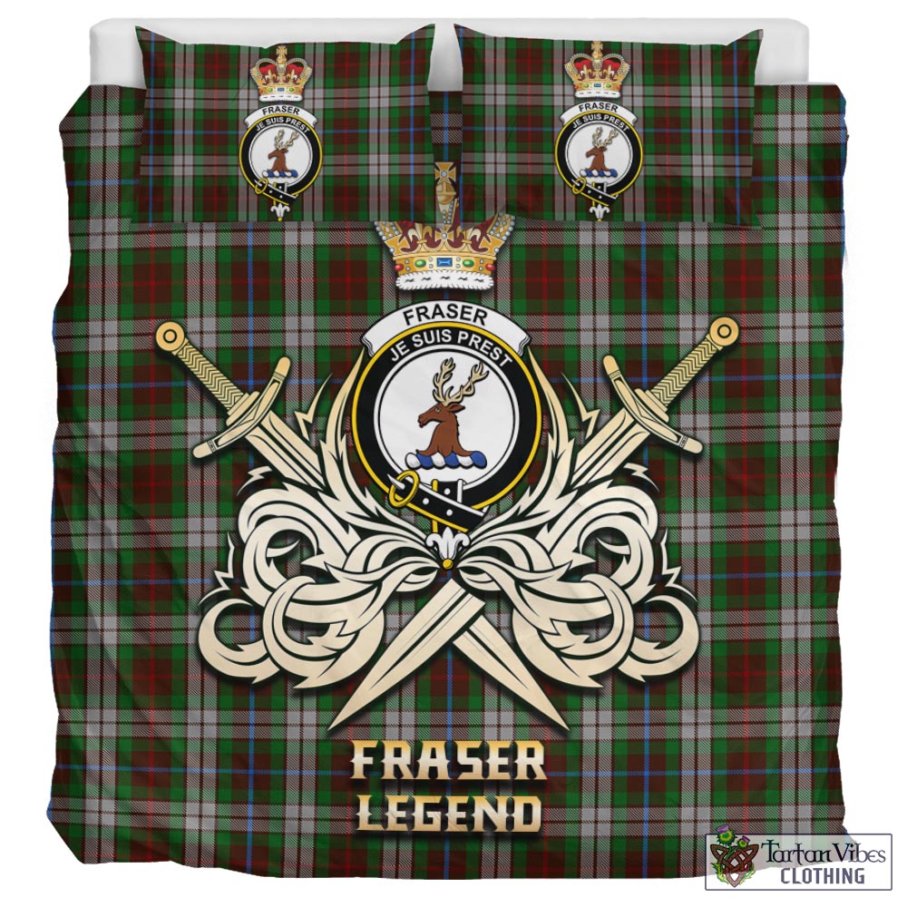 Tartan Vibes Clothing Fraser Hunting Dress Tartan Bedding Set with Clan Crest and the Golden Sword of Courageous Legacy