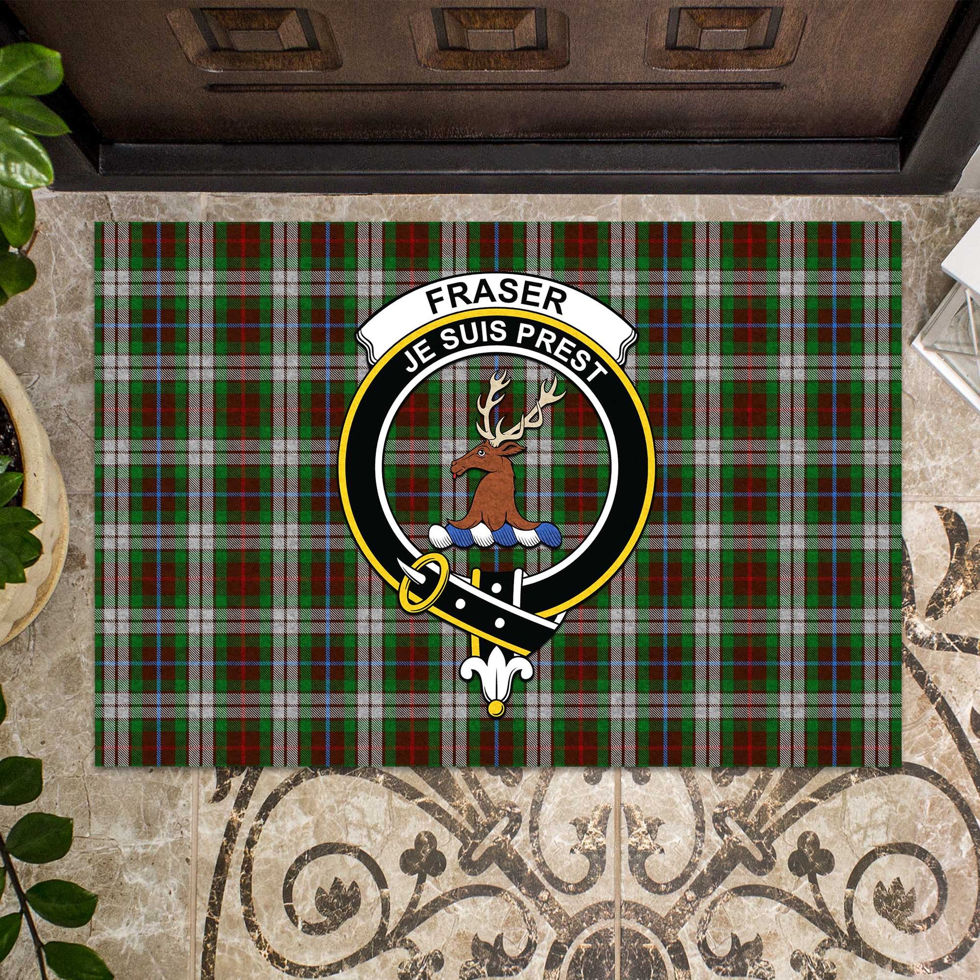 Fraser Hunting Dress Tartan Door Mat with Family Crest - Tartanvibesclothing