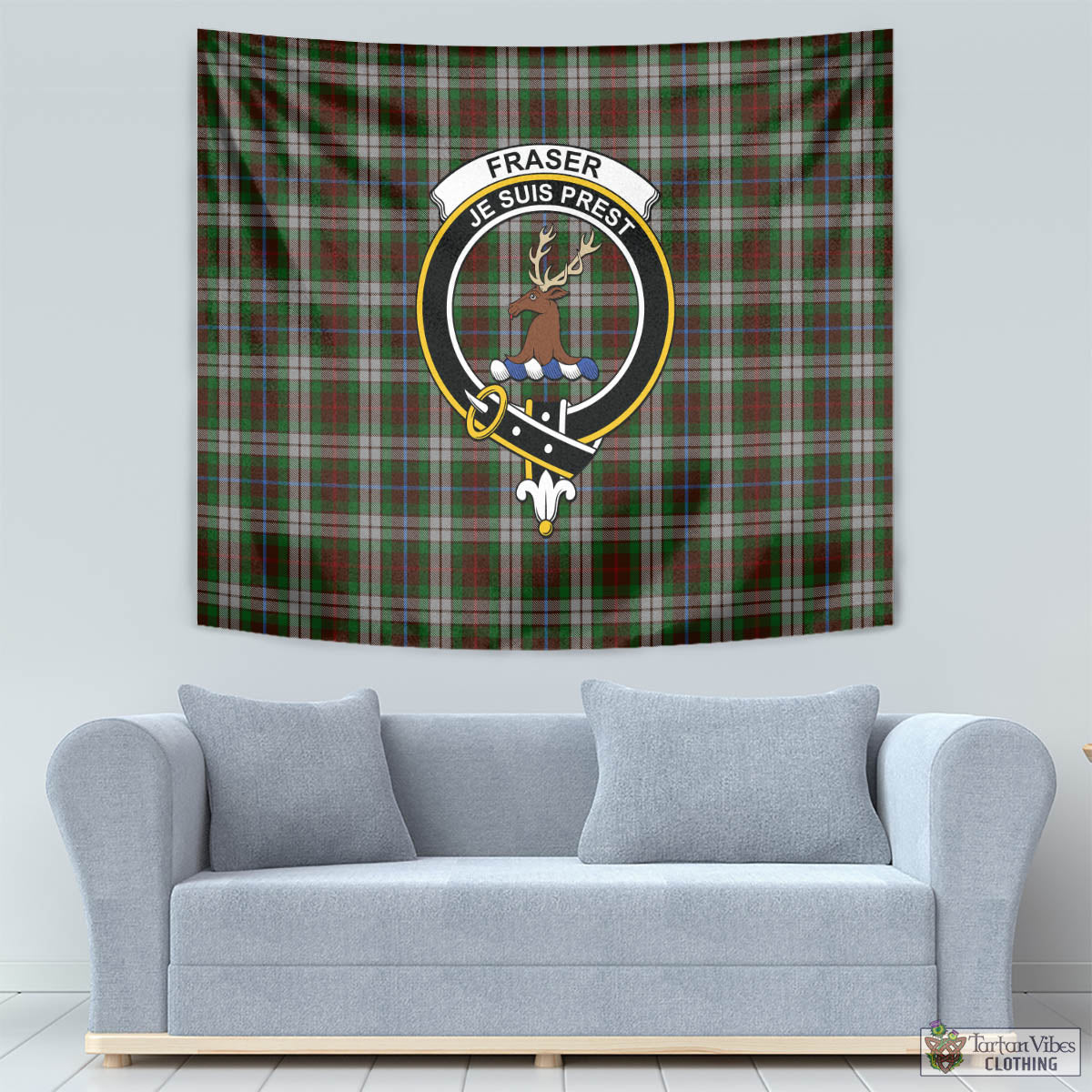 Tartan Vibes Clothing Fraser Hunting Dress Tartan Tapestry Wall Hanging and Home Decor for Room with Family Crest