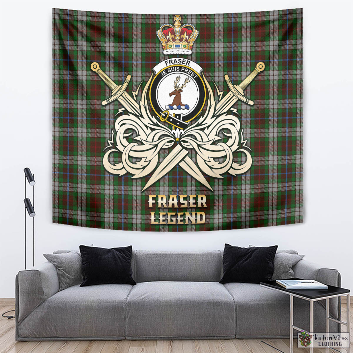 Tartan Vibes Clothing Fraser Hunting Dress Tartan Tapestry with Clan Crest and the Golden Sword of Courageous Legacy