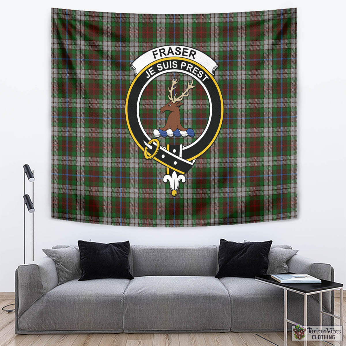 Tartan Vibes Clothing Fraser Hunting Dress Tartan Tapestry Wall Hanging and Home Decor for Room with Family Crest