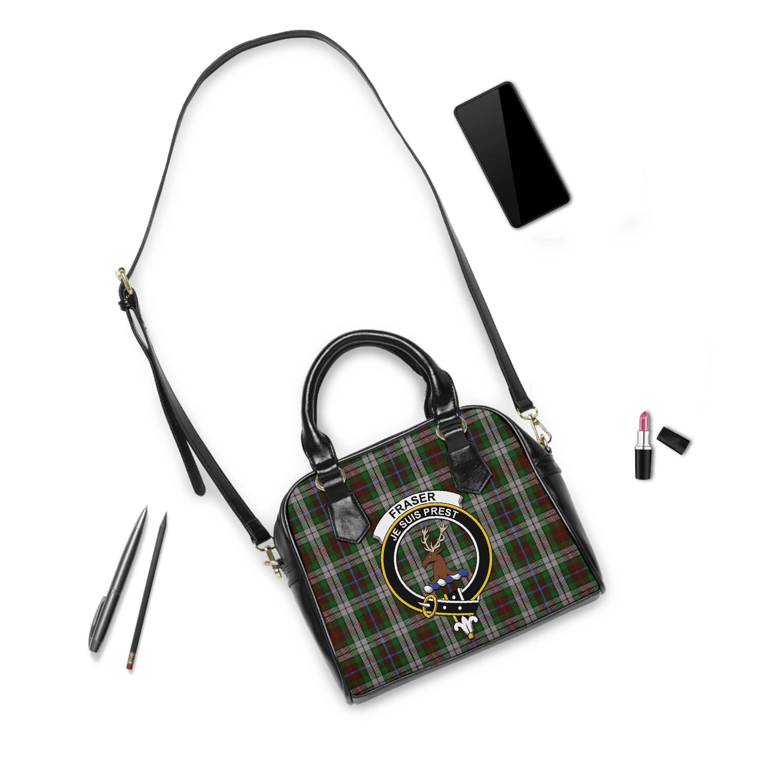 Fraser Hunting Dress Tartan Shoulder Handbags with Family Crest - Tartanvibesclothing