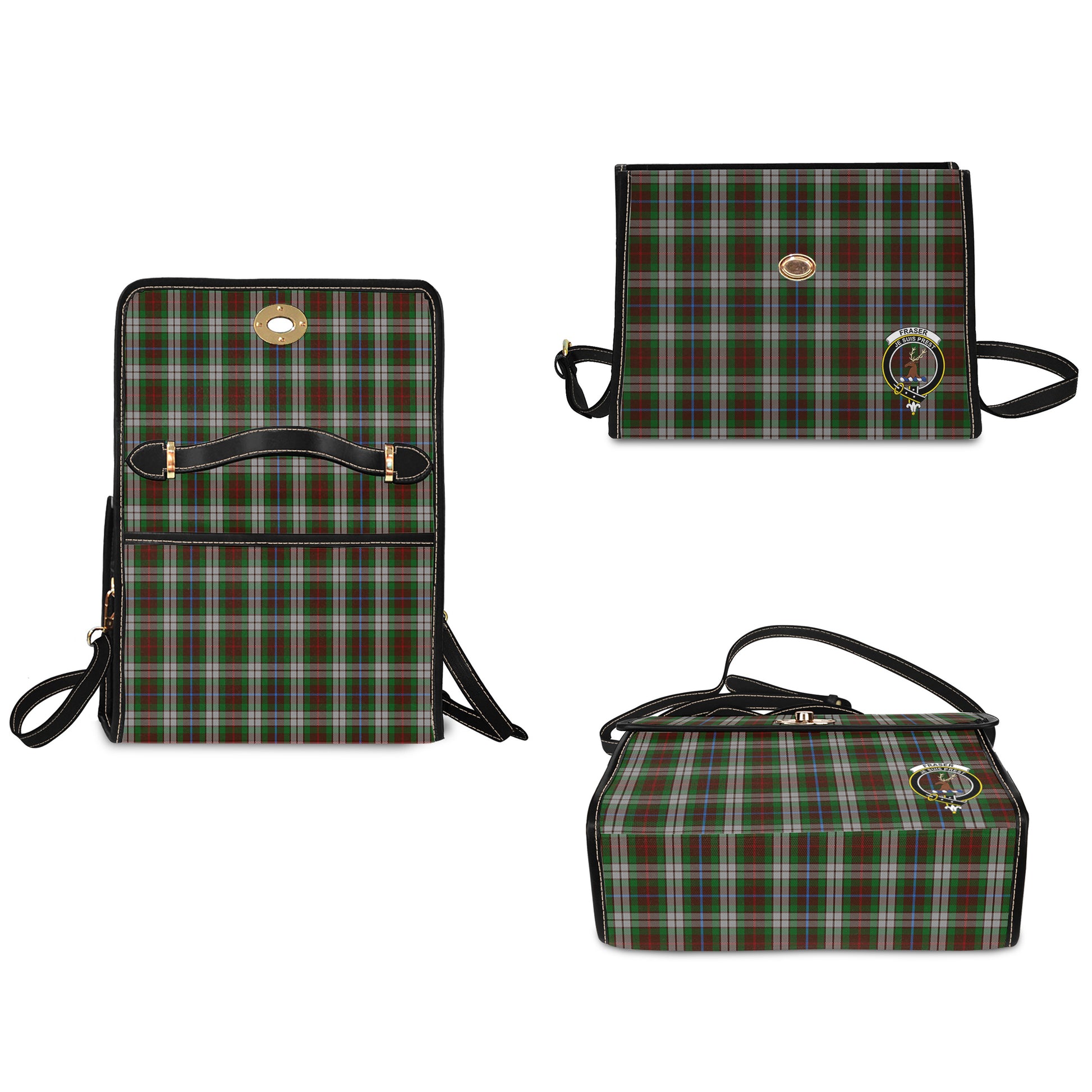 fraser-hunting-dress-tartan-leather-strap-waterproof-canvas-bag-with-family-crest