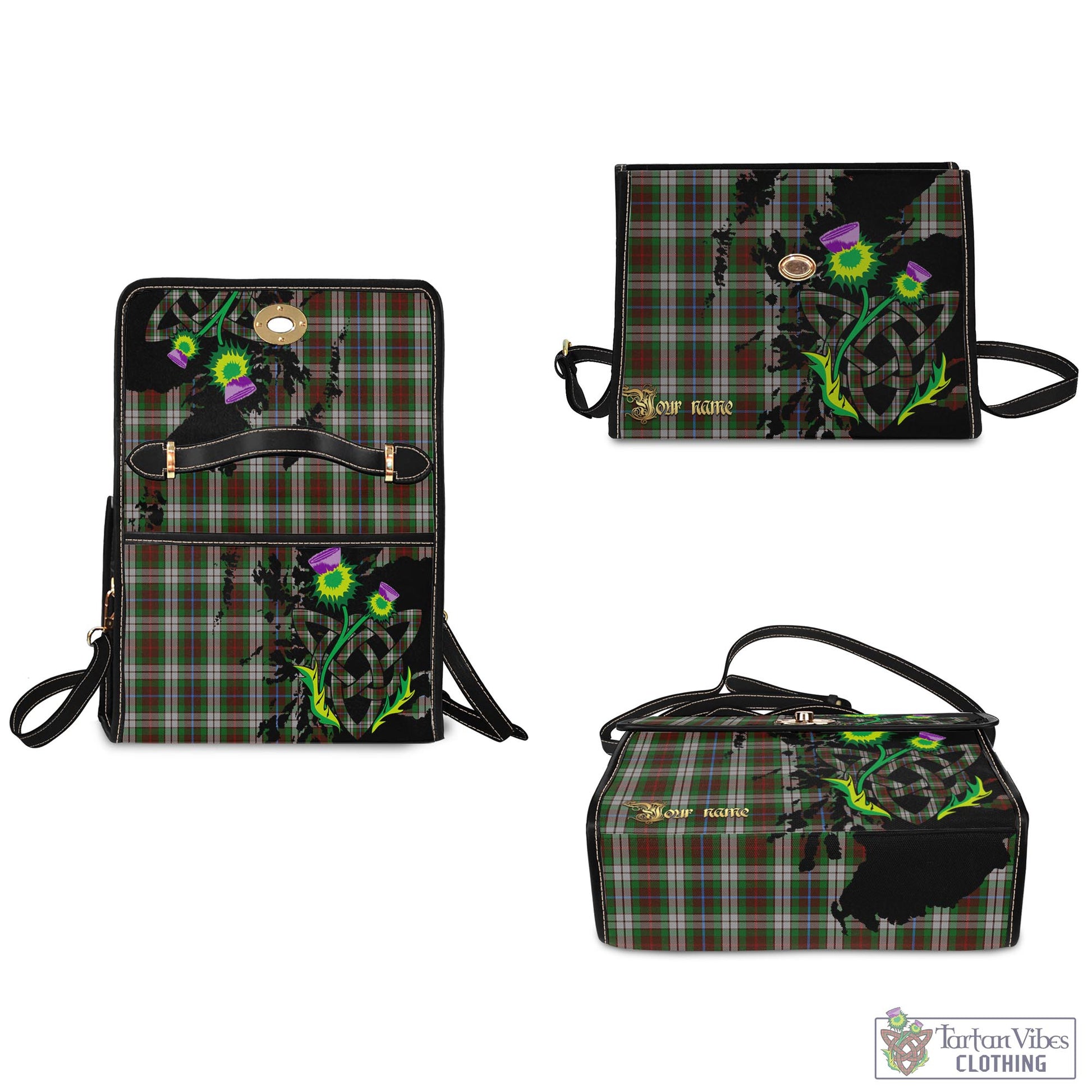 Tartan Vibes Clothing Fraser Hunting Dress Tartan Waterproof Canvas Bag with Scotland Map and Thistle Celtic Accents