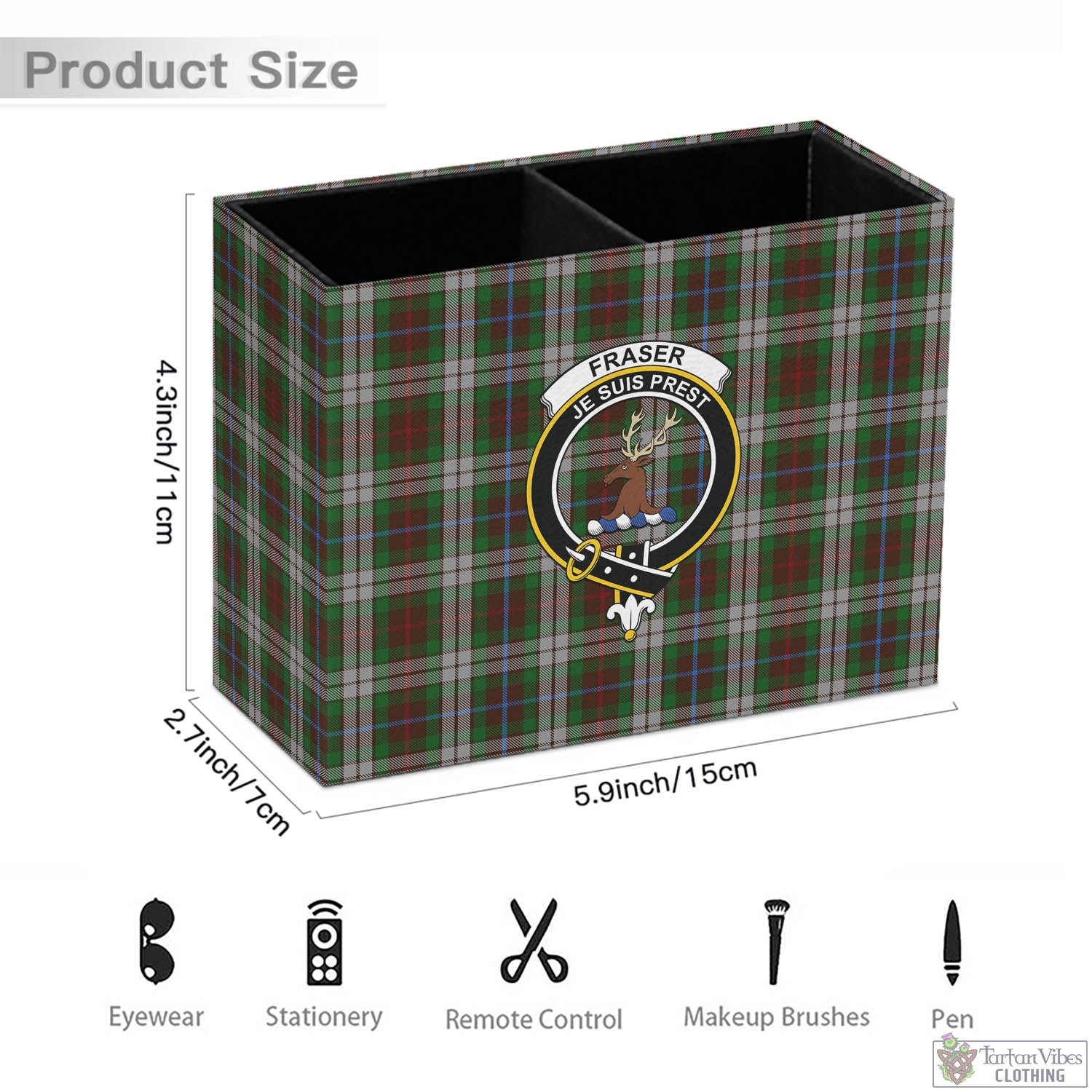 Tartan Vibes Clothing Fraser Hunting Dress Tartan Pen Holder with Family Crest