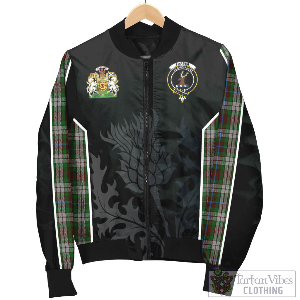 Tartan Vibes Clothing Fraser Hunting Dress Tartan Bomber Jacket with Family Crest and Scottish Thistle Vibes Sport Style