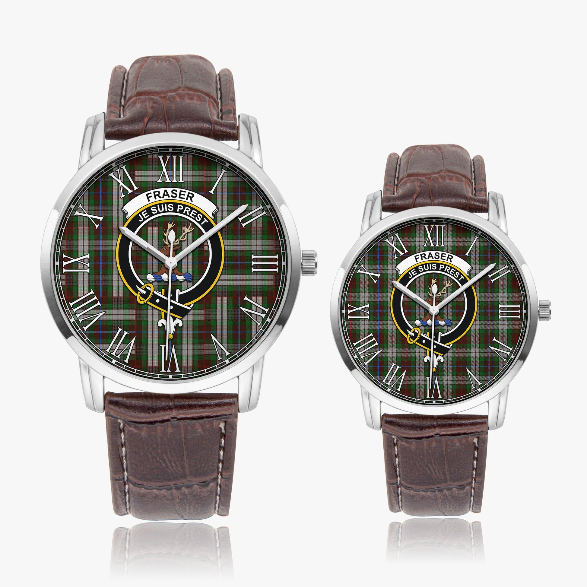 Fraser Hunting Dress Tartan Family Crest Leather Strap Quartz Watch - Tartanvibesclothing