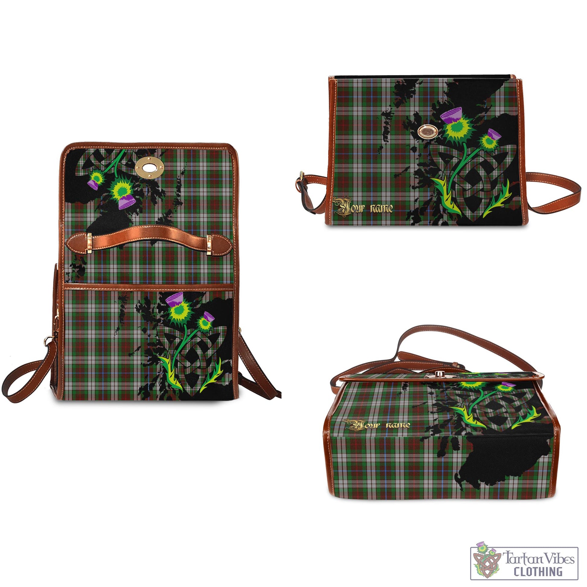 Tartan Vibes Clothing Fraser Hunting Dress Tartan Waterproof Canvas Bag with Scotland Map and Thistle Celtic Accents