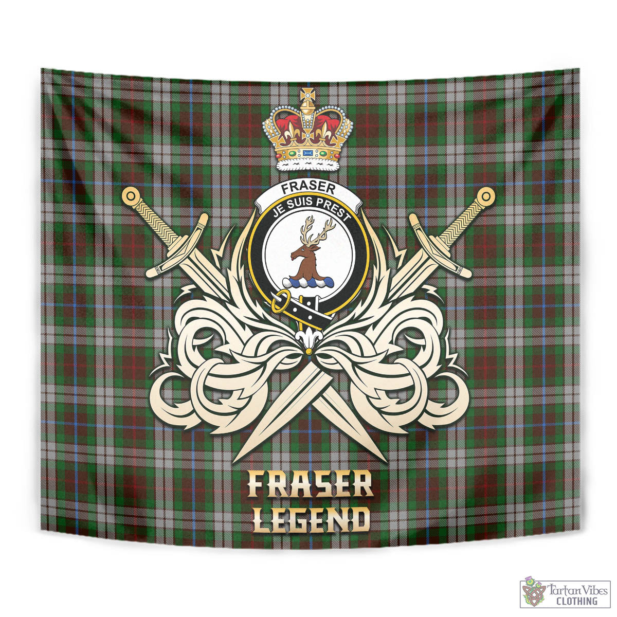 Tartan Vibes Clothing Fraser Hunting Dress Tartan Tapestry with Clan Crest and the Golden Sword of Courageous Legacy