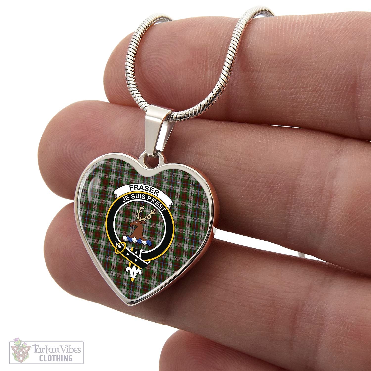 Tartan Vibes Clothing Fraser Hunting Dress Tartan Heart Necklace with Family Crest