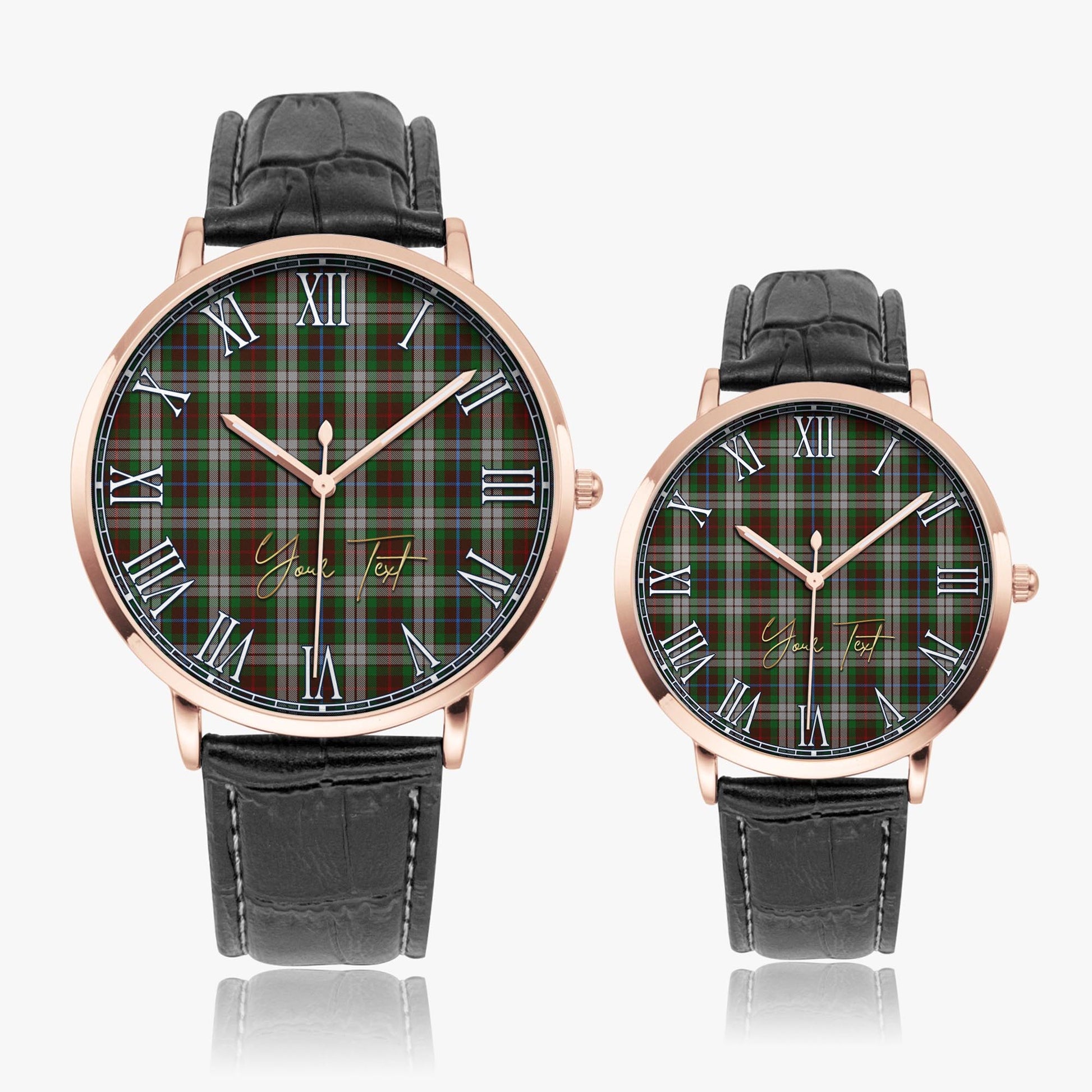 Fraser Hunting Dress Tartan Personalized Your Text Leather Trap Quartz Watch Ultra Thin Rose Gold Case With Black Leather Strap - Tartanvibesclothing