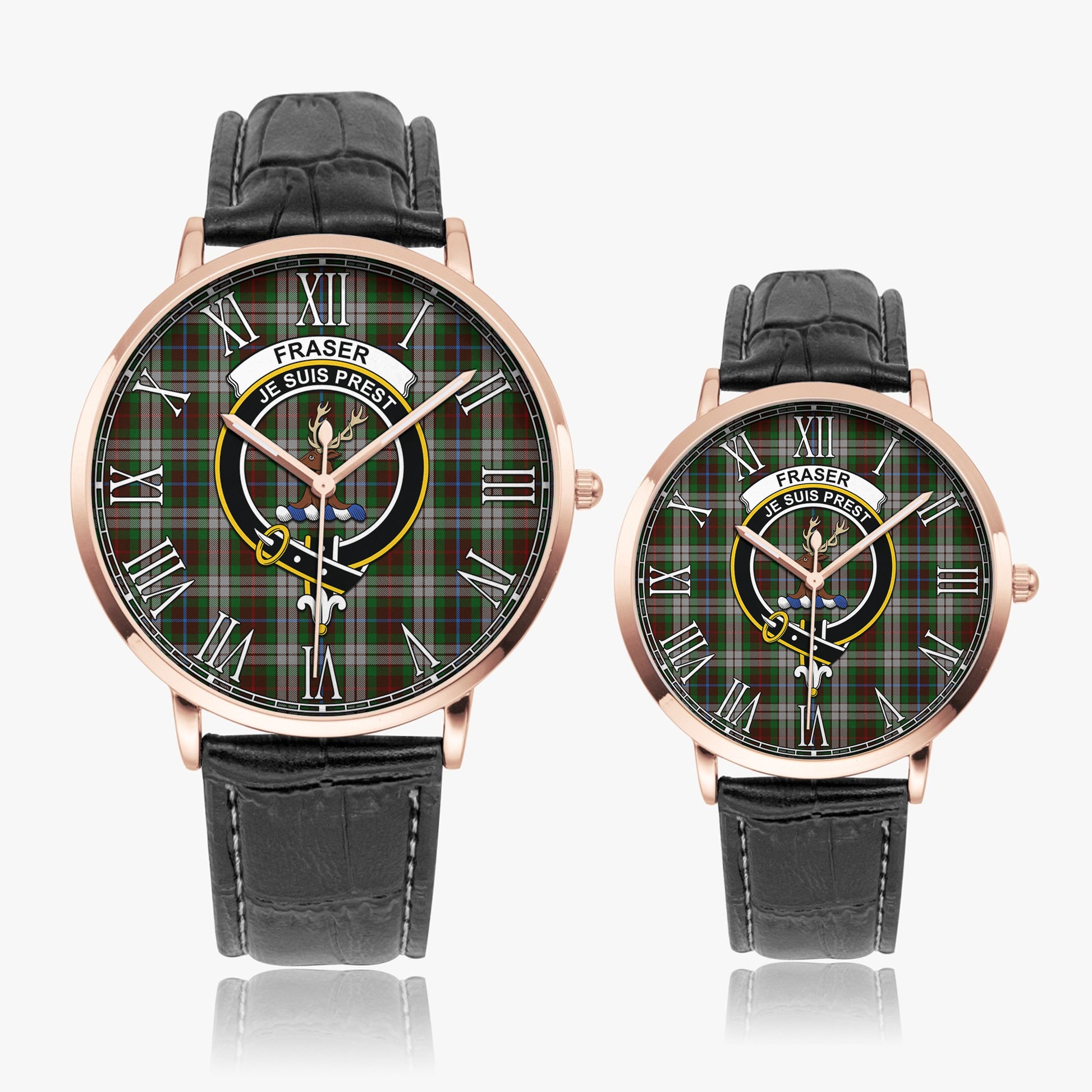 Fraser Hunting Dress Tartan Family Crest Leather Strap Quartz Watch - Tartanvibesclothing