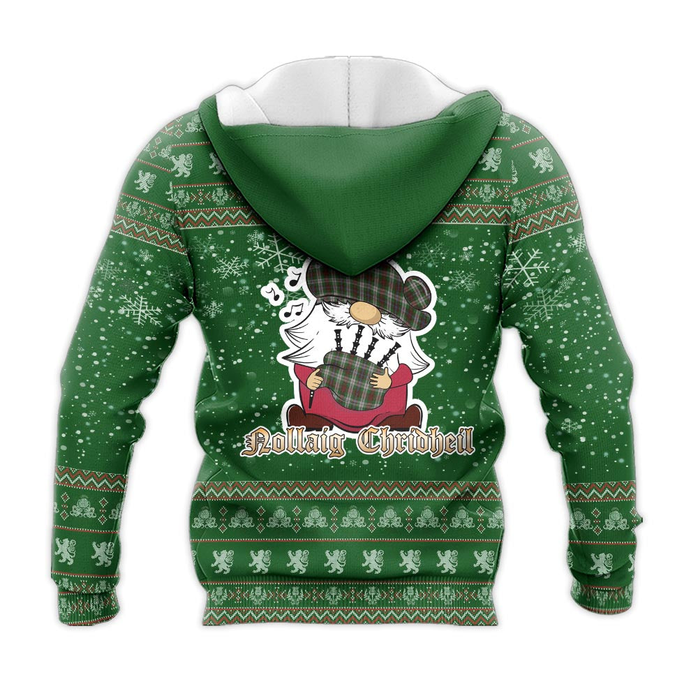 Fraser Hunting Dress Clan Christmas Knitted Hoodie with Funny Gnome Playing Bagpipes - Tartanvibesclothing
