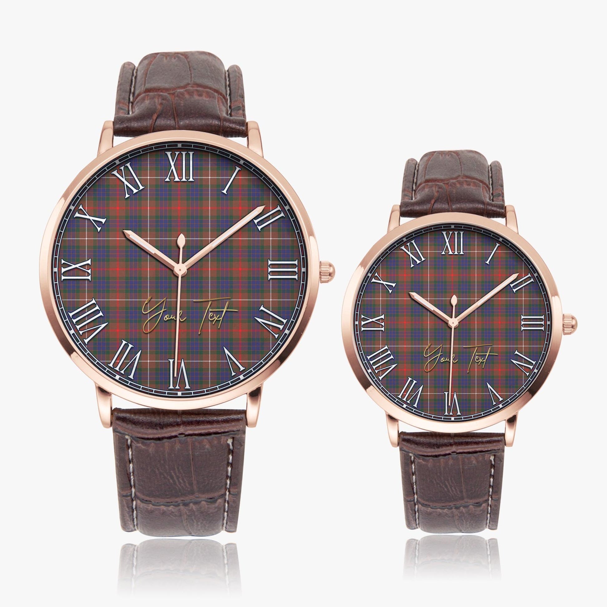 Fraser Hunting Modern Tartan Personalized Your Text Leather Trap Quartz Watch Ultra Thin Rose Gold Case With Brown Leather Strap - Tartanvibesclothing