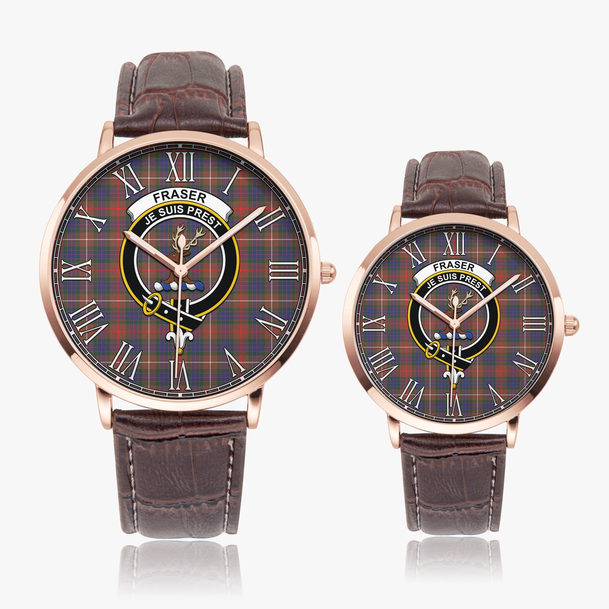 Fraser Hunting Modern Tartan Family Crest Leather Strap Quartz Watch - Tartanvibesclothing