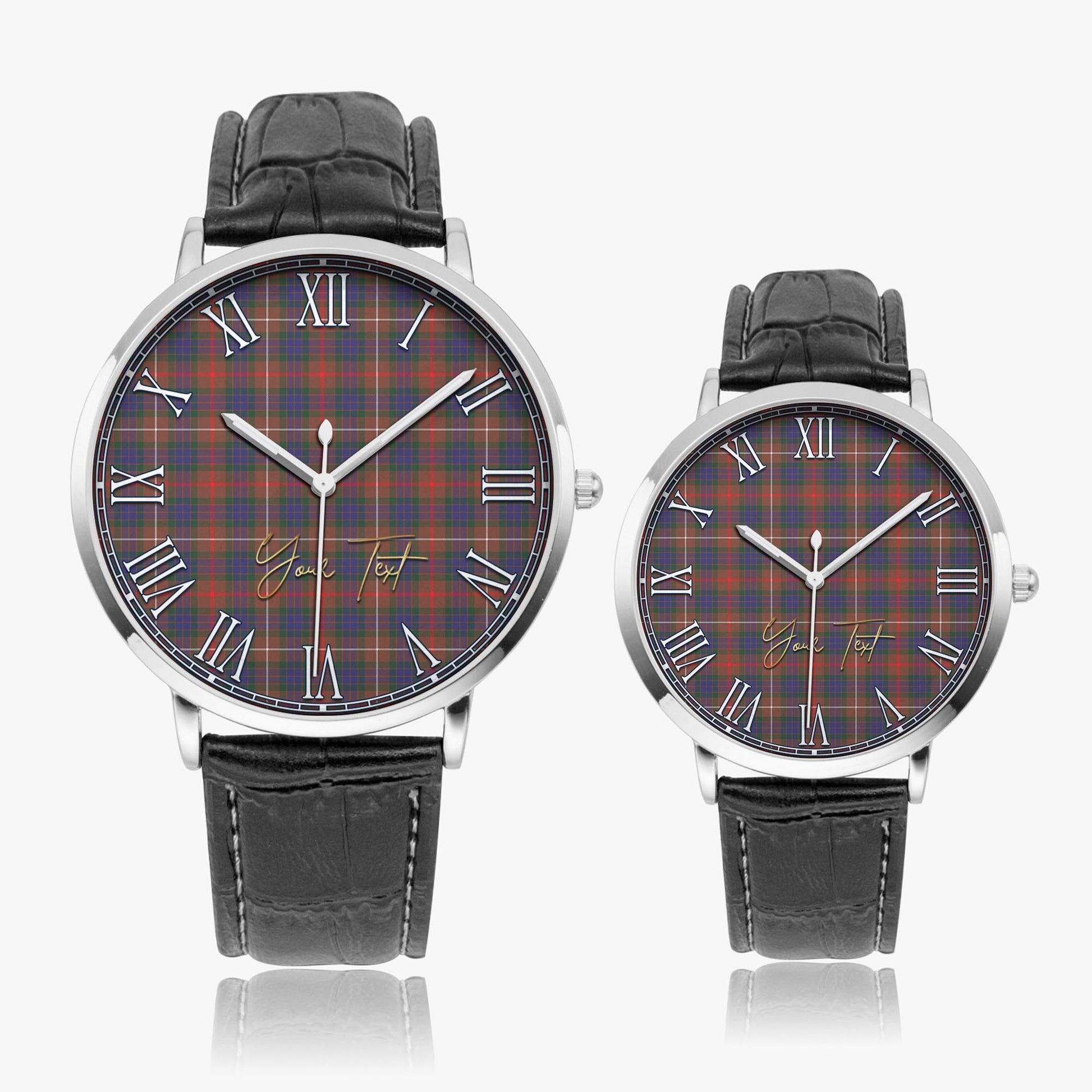 Fraser Hunting Modern Tartan Personalized Your Text Leather Trap Quartz Watch Ultra Thin Silver Case With Black Leather Strap - Tartanvibesclothing