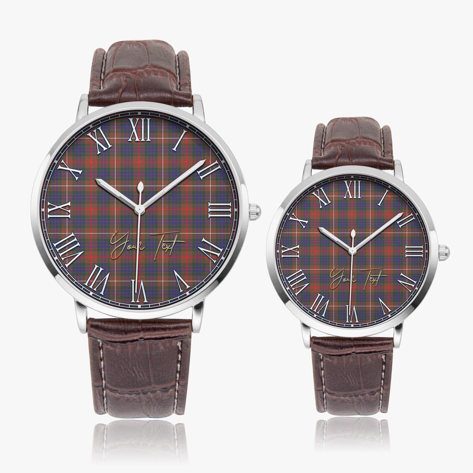 Fraser Hunting Modern Tartan Personalized Your Text Leather Trap Quartz Watch Ultra Thin Silver Case With Brown Leather Strap - Tartanvibesclothing