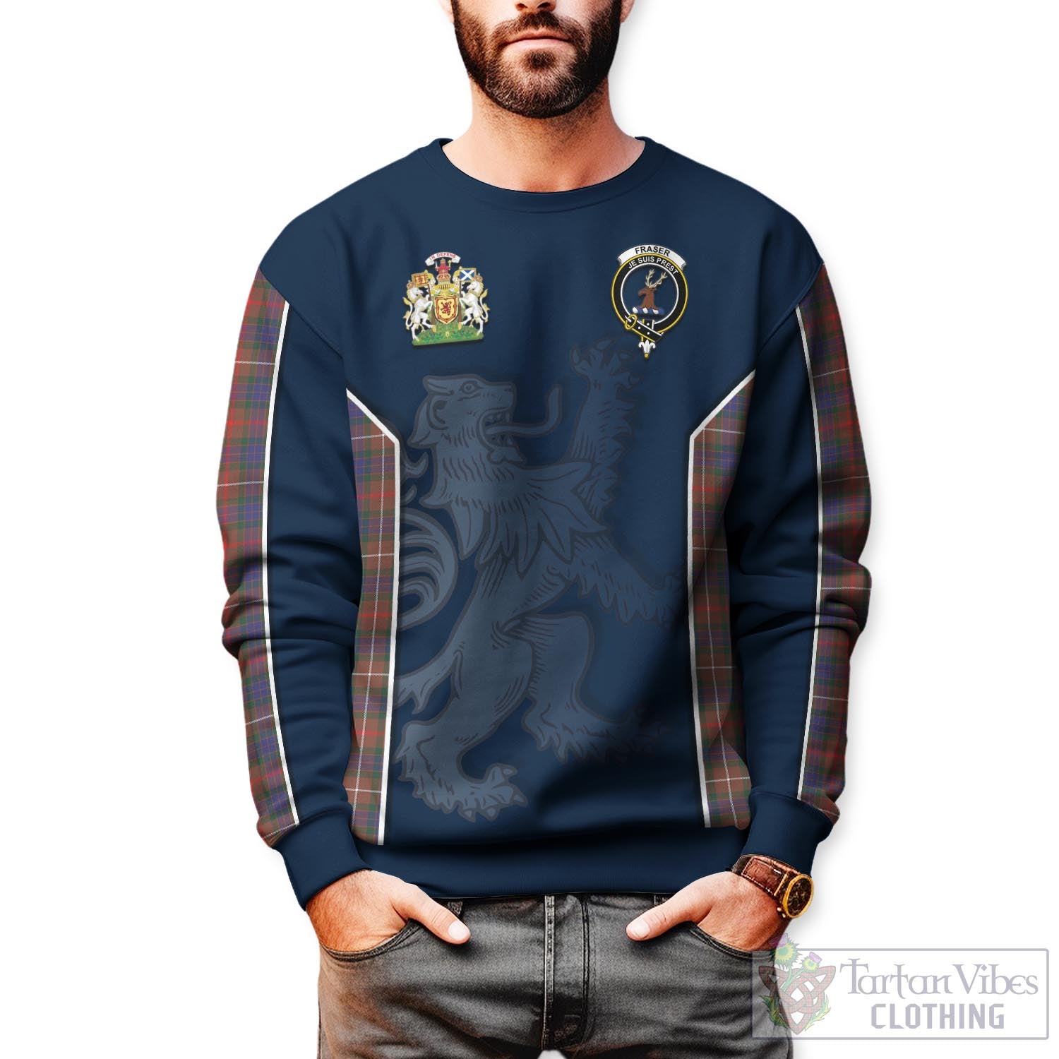 Tartan Vibes Clothing Fraser Hunting Modern Tartan Sweater with Family Crest and Lion Rampant Vibes Sport Style