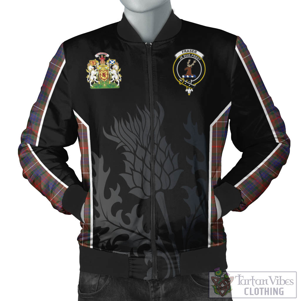 Tartan Vibes Clothing Fraser Hunting Modern Tartan Bomber Jacket with Family Crest and Scottish Thistle Vibes Sport Style