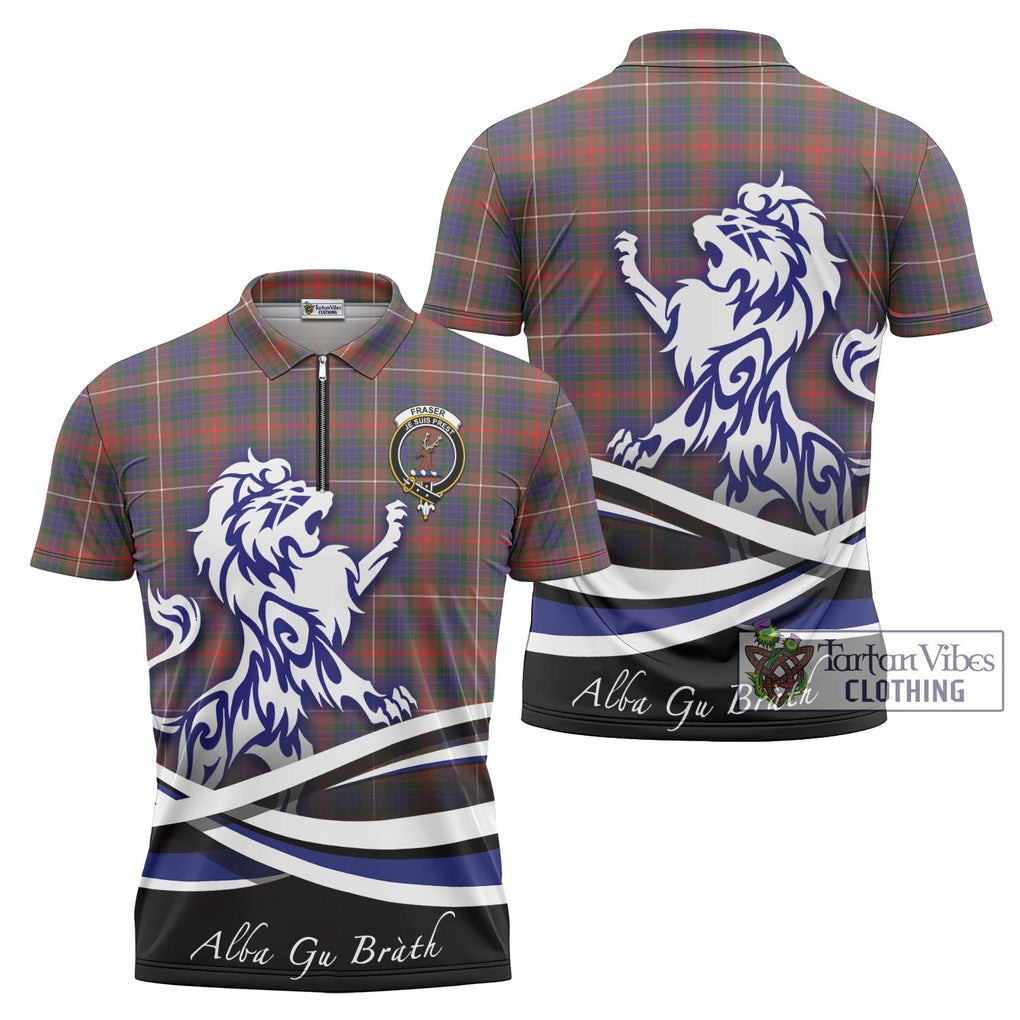 Fraser Hunting Modern Tartan Zipper Polo Shirt with Alba Gu Brath Regal Lion Emblem Unisex - Tartanvibesclothing Shop