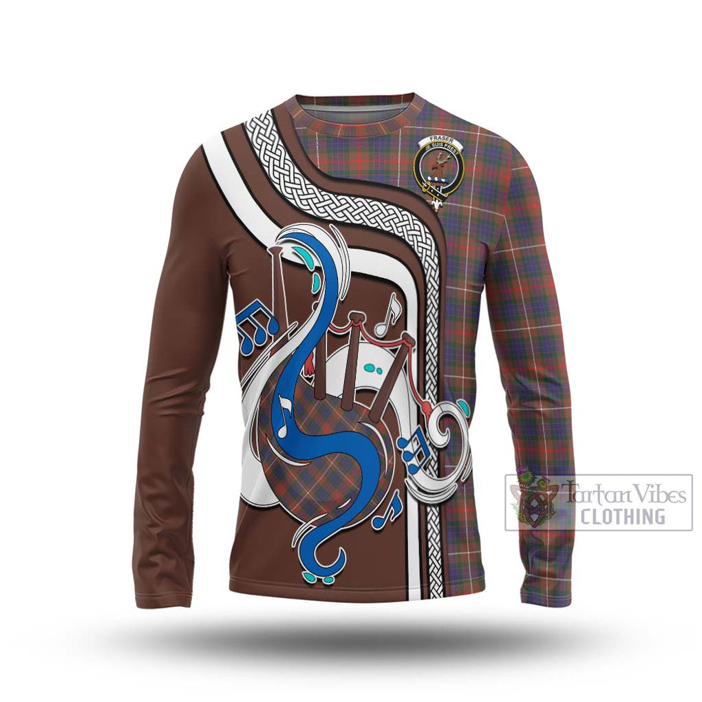 Tartan Vibes Clothing Fraser Hunting Modern Tartan Long Sleeve T-Shirt with Epic Bagpipe Style