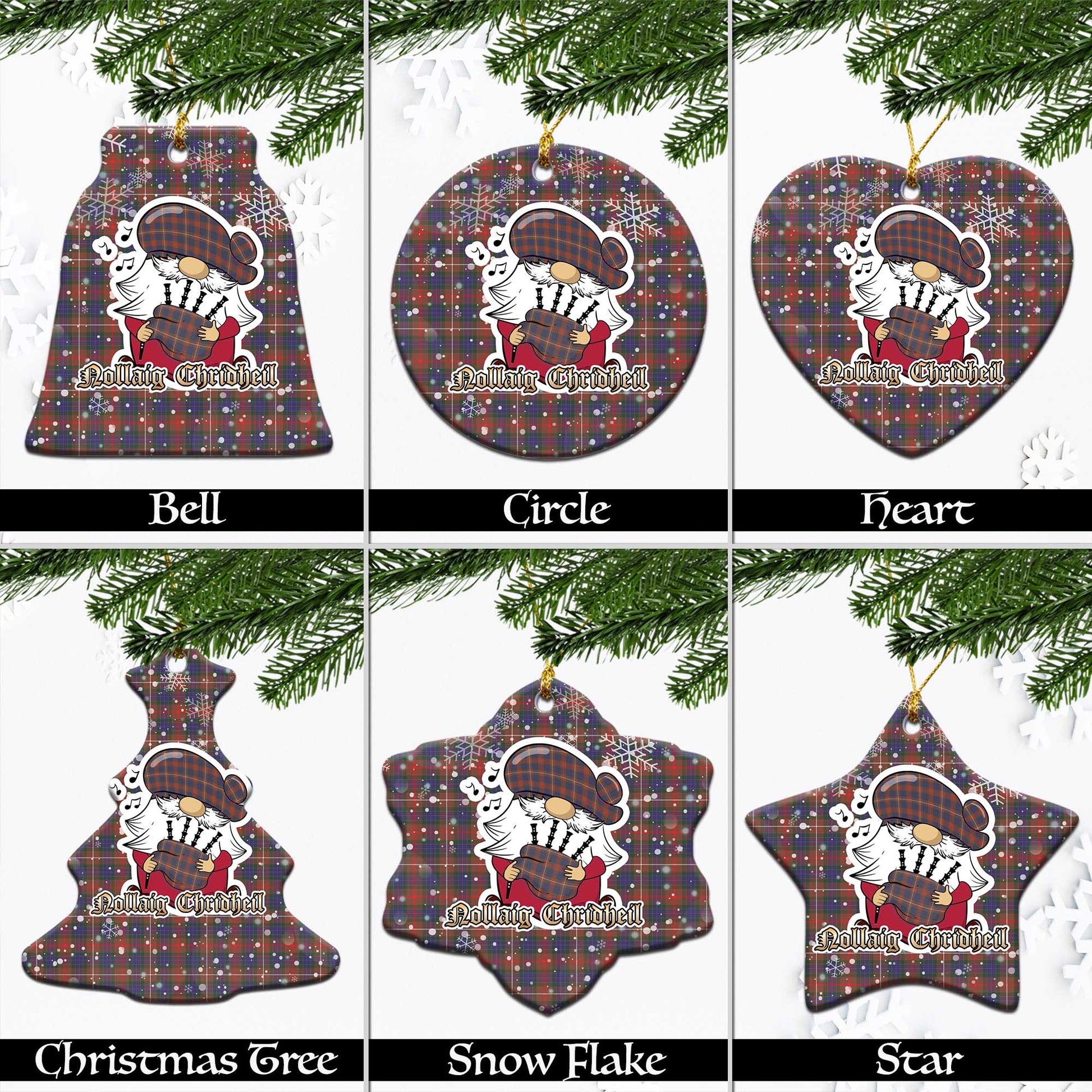 Fraser Hunting Modern Tartan Christmas Ornaments with Scottish Gnome Playing Bagpipes Ceramic - Tartanvibesclothing