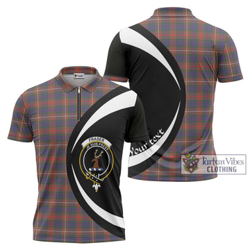 Fraser Hunting Modern Tartan Zipper Polo Shirt with Family Crest Circle Style