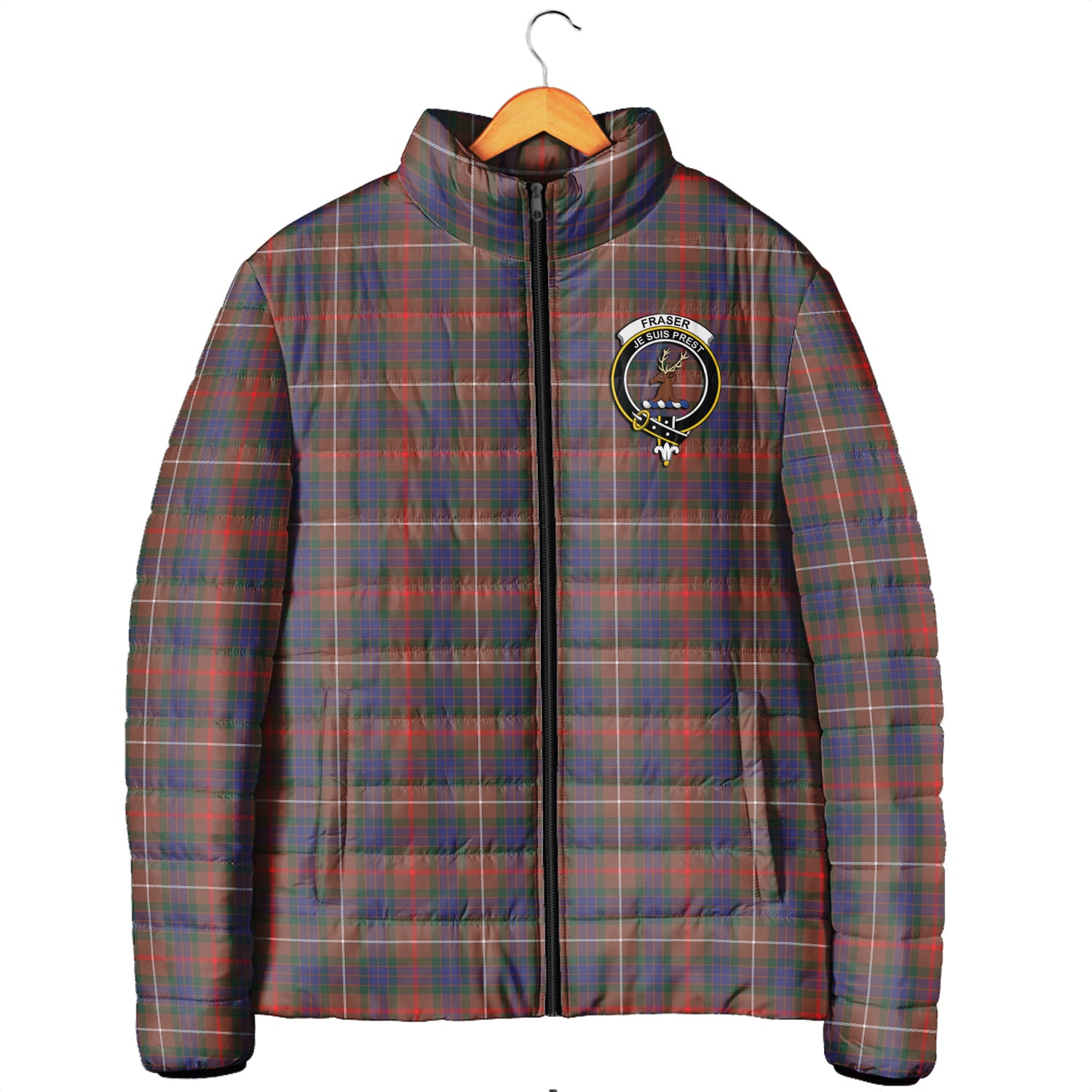 Fraser Hunting Modern Tartan Padded Jacket with Family Crest - Tartanvibesclothing