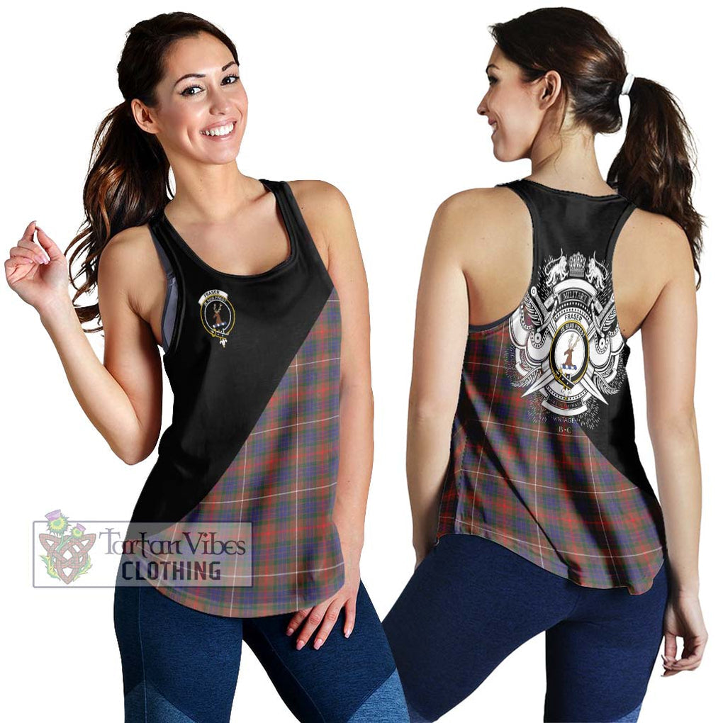 Fraser Hunting Modern Tartan Women's Racerback Tanks with Family Crest and Military Logo Style 4XL - Tartanvibesclothing Shop