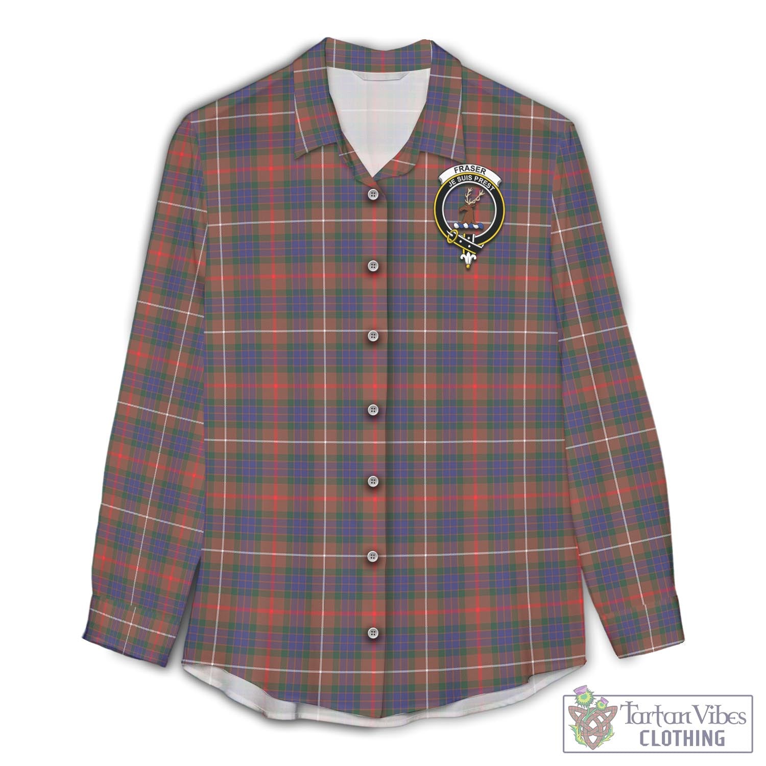 Tartan Vibes Clothing Fraser Hunting Modern Tartan Womens Casual Shirt with Family Crest