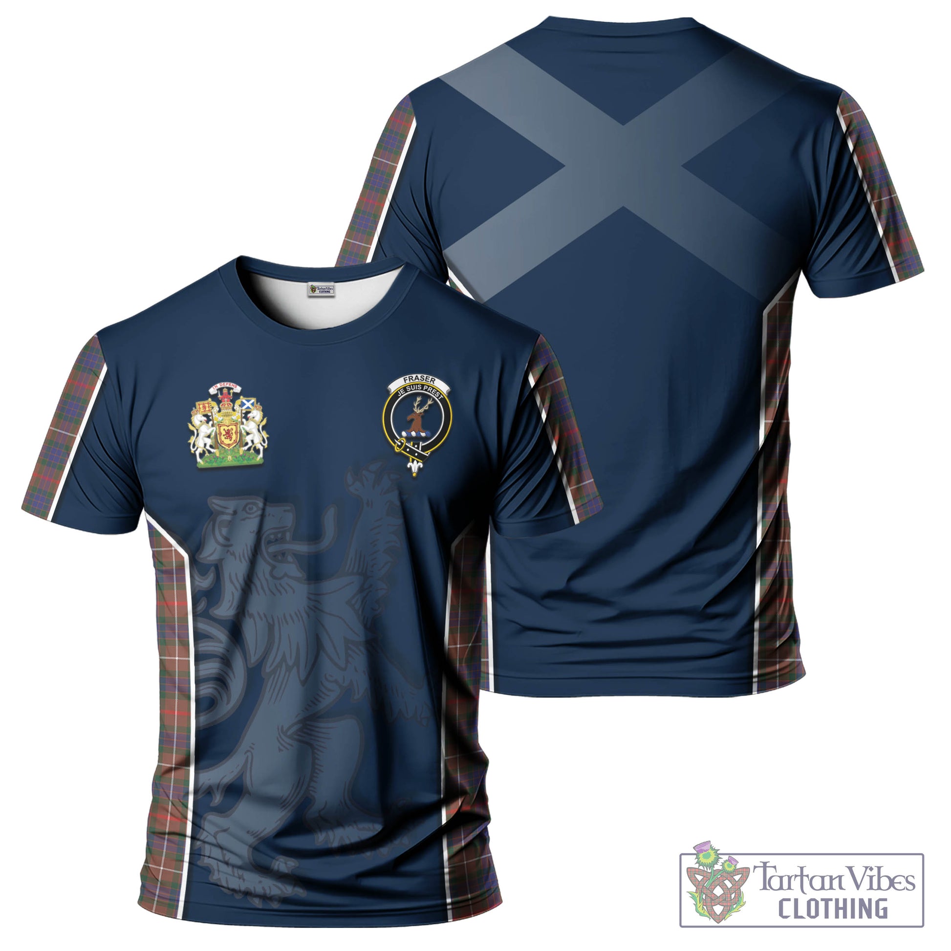 Tartan Vibes Clothing Fraser Hunting Modern Tartan T-Shirt with Family Crest and Lion Rampant Vibes Sport Style