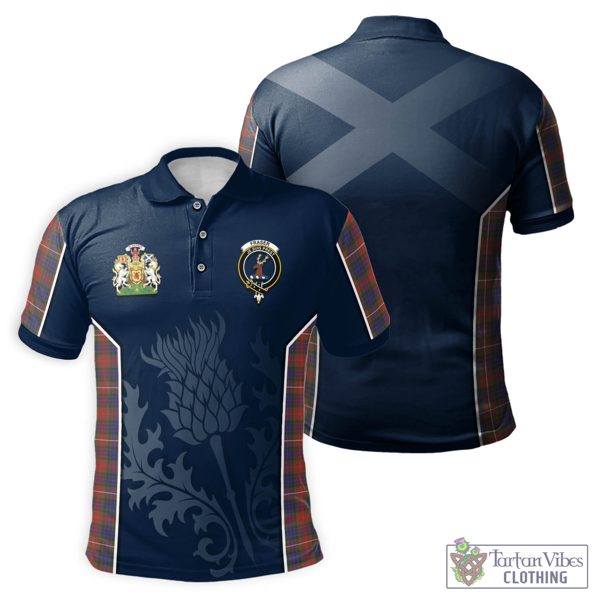 Tartan Vibes Clothing Fraser Hunting Modern Tartan Men's Polo Shirt with Family Crest and Scottish Thistle Vibes Sport Style